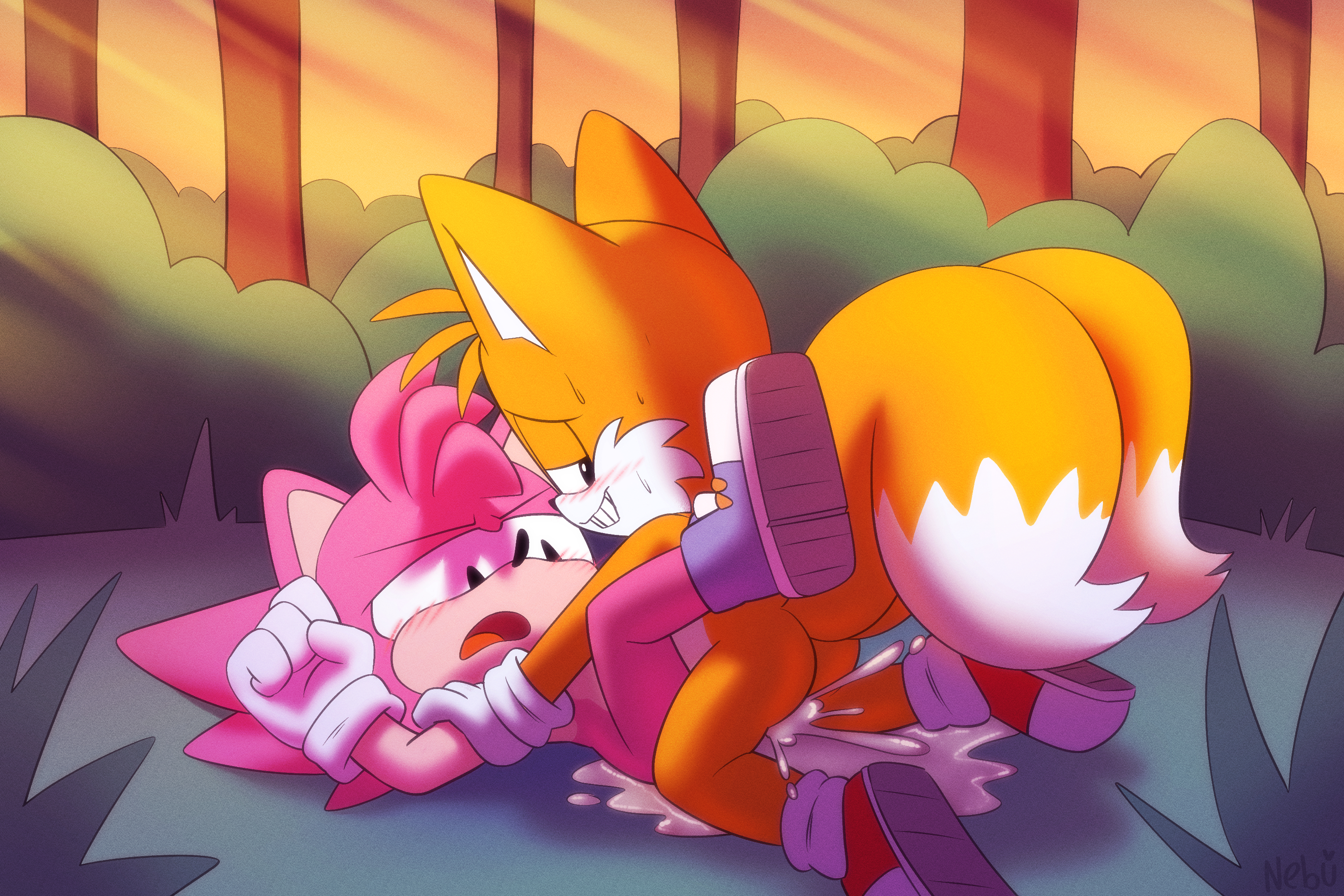 amy rose, anthro, anthro on anthro, anthro penetrated, anthro penetrating, anthro penetrating anthro, bunny nebula, bunnynebula (artist), classic amy rose, classic tails, sega, sonic (series), sonic the hedgehog (series), tagme, tails the fox