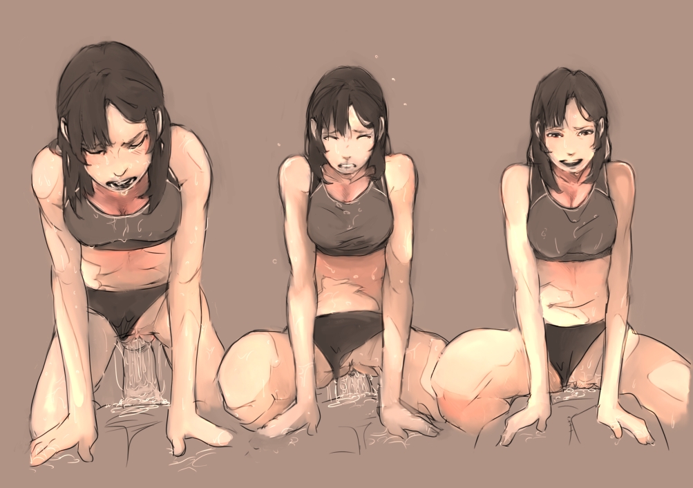 1boy, black hair, blush, clothed sex, cowgirl position, erection, female, looking at viewer, male, otoma may, panties aside, penis, pov, pussy, pussy juice, sex, sketch, sports bra, straight, sweat, uncensored, vaginal penetration