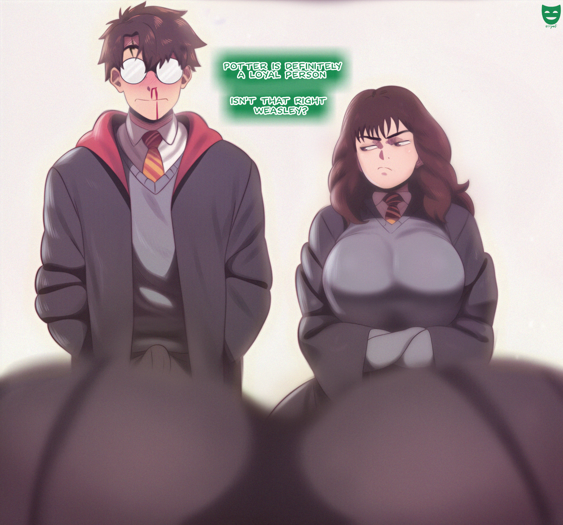 1boy, 2girls, ass, blonde hair, breasts, bubble butt, curvy, draco malfoy, draco malfoy (redteneri), erection, erection under clothes, fat ass, female, genderswap, genderswap (mtf), harry james potter, harry potter, huge ass, huge breasts, long hair, nosebleed, plump ass, ron weasley, shaking ass, teasing, thick, thick ass, thick thighs, thighs, wide hips, z-art
