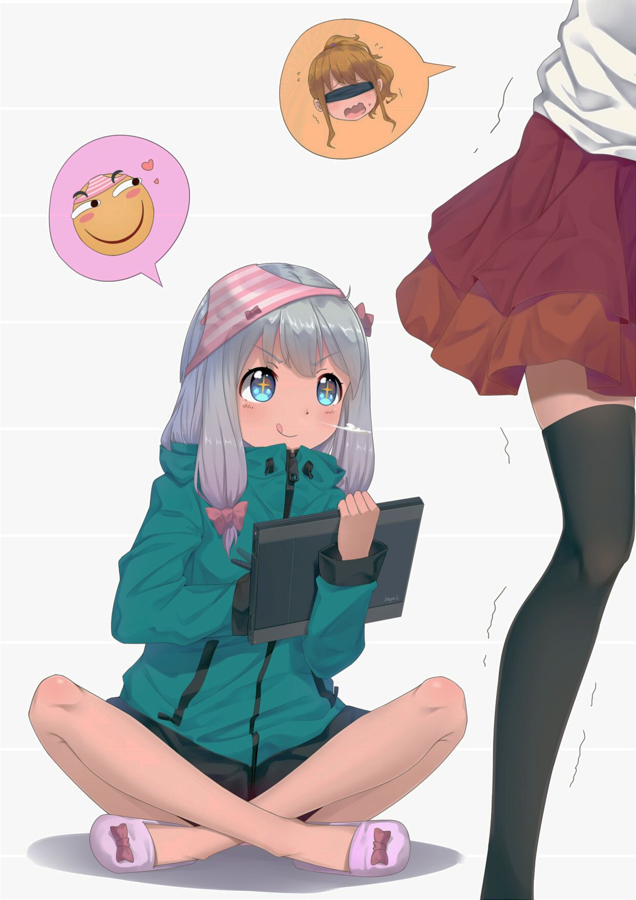 bow drawing_(action) eromanga_sensei hair_ornament hairbow high_resolution izumi_sagiri jinno_megumi long_hair object_on_head pantsu pantsu_hat red_skirt shimapan silver_hair sitting skirt standing tablet underwear