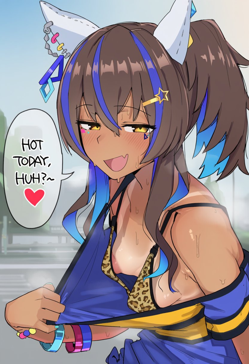 1girls, 2d, ai generated, animal ears, animal print, areola, areola slip, areolae, areolae slip, blue hair, blue shirt, blush, bracelet, breasts, brown hair, colored inner hair, daitaku helios (umamusume), ear covers, english, english text, facial tattoo, fang, flashing, gyaru, hair between eyes, hair ornament, hairclip, heart, horse ears, horse girl, jewelry, leopard print, looking at viewer, multicolored hair, nipples, open mouth, outdoors, piercing, pulling clothing, shirt, shirt pull, side ponytail, skin fang, sloppingslurpie, small breasts, smile, solo, speech bubble, steam, streaked hair, sweat, sweatdrop, tan, tan body, tan skin, tanlines, tanned, tanned female, tanned skin, text, two-tone hair, umamusume, umamusume pretty derby, upper body, yellow eyes