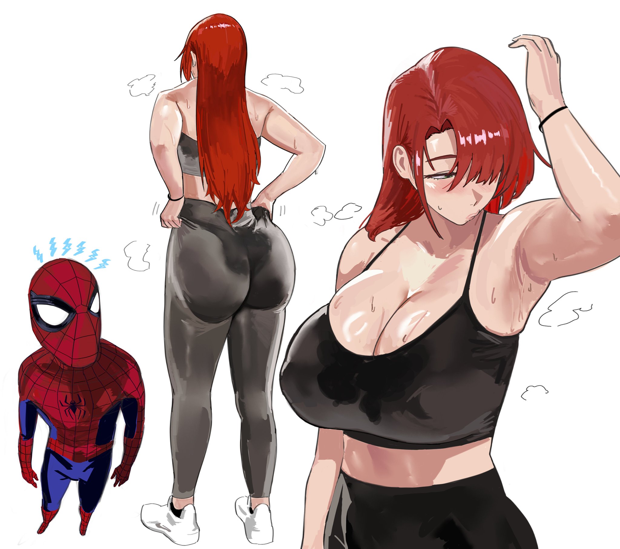 1boy, 1girls, 2026, 2d, 2d artwork, armpits, arms up, ass, athletic, athletic female, big ass, big breasts, blush, breasts, busty, cleavage, fat ass, female, green eyes, gym clothes, hi res, highres, huge ass, large breasts, leggings, light skin, light-skinned female, long hair, male, marvel, marvel cinematic universe, marvel comics, mary jane watson, mugi (mugit49), mugit49, nipples visible through clothing, peter parker, red hair, redhead, shoes, slim waist, spider-man, spider-man (series), sweat, sweating, sweaty, tank top, thick, thick ass, thick thighs, thighs, voluptuous, voluptuous female, white background
