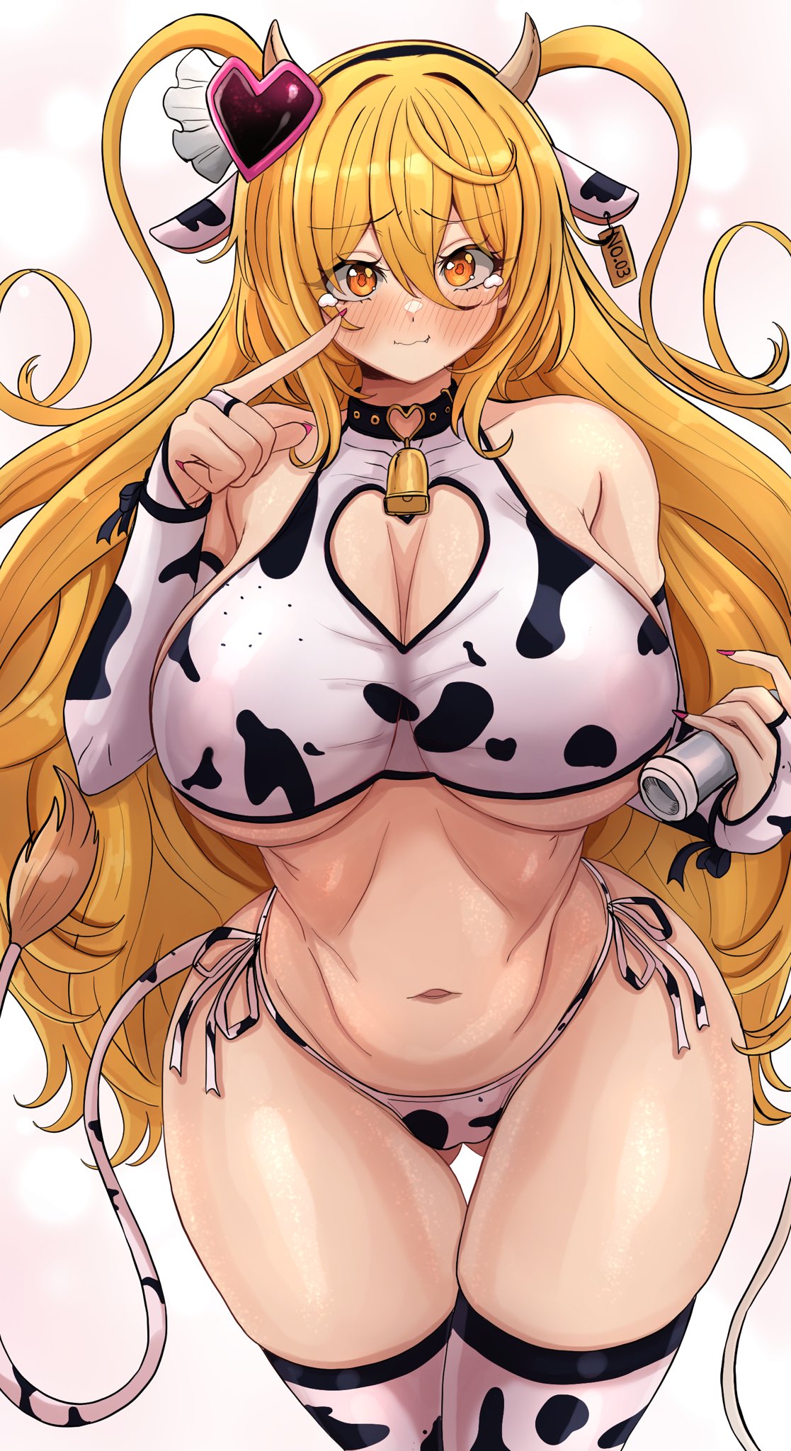 bbambi, closed mouth, cow girl, cow print, cow print bikini, cow print thighhighs, curvy, don quixote (limbus company), e.g.o (project moon), fang, heart cutout, huge breasts, in the name of love and hate (e.g.o), index finger raised, limbus company, project moon, skin fang, smile, thick thighs, toned, underboob, voluptuous, wide hips