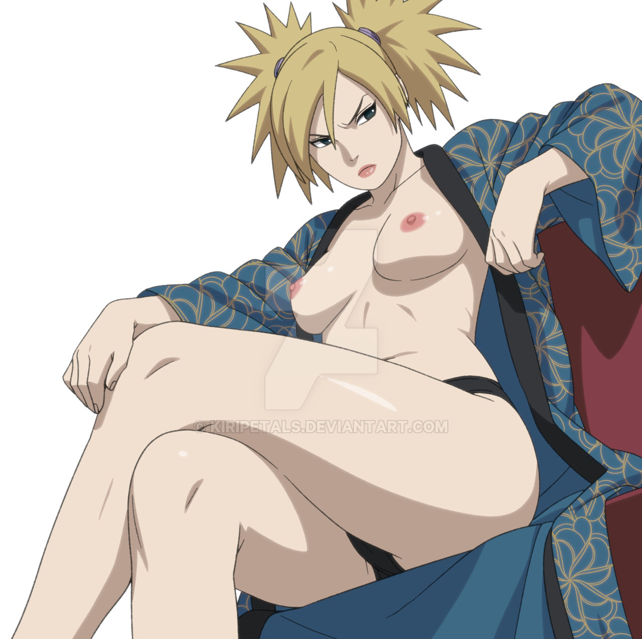 black panties, blonde hair, breasts, green eyes, kimono, kiripetals, legs, medium breasts, naruto (series), naruto: the last, nipples, open clothes, open kimono, panties, simple background, sitting, temari, tied hair, white background