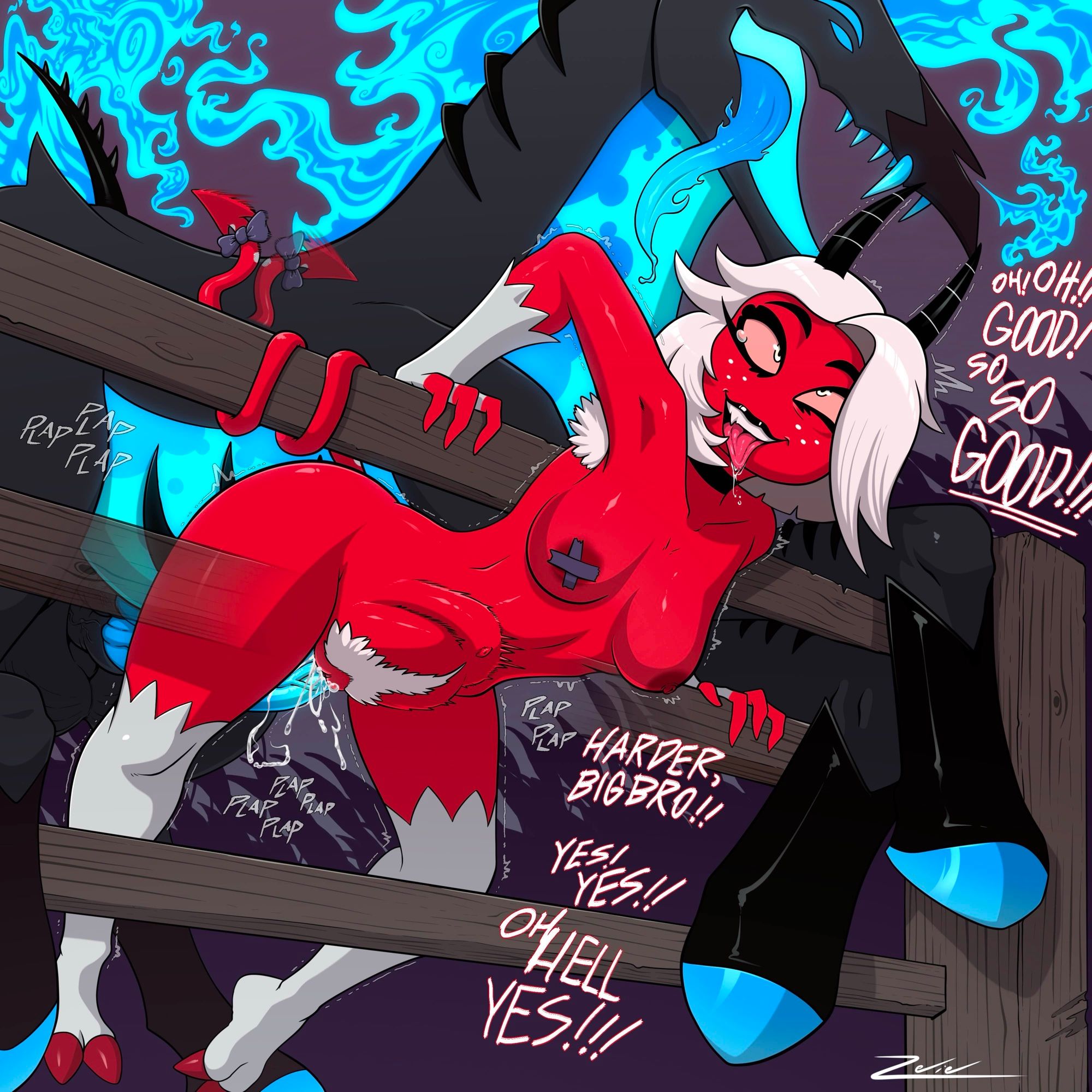 bestiality, blind peacock draws, blind peacock draws (artist), bloodmoon (blindpeacockdraws), crying, demon, hazbin hotel, hazbin hotel oc, helluva boss, helluva boss oc, horns, horse, imp, incest, penis, red skin, rough, sex, straight, tagme, vyllie (blindpeacockdraws), zeliel, zelieldraws, zoophilia