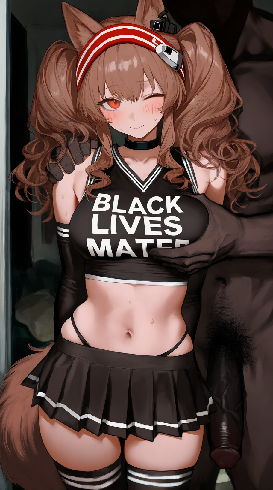 1boy, 1girls, age difference, ai assisted, ai generated, alternate costume, angelina (arknights), animal ears, arknights, bare shoulders, black clothing, black lives matter, blush, brown hair, cheerleader, cheerleader uniform, choker, clothed female nude male, cock, cowboy shot, dark skin, dark-skinned male, elbow gloves, fox ears, fox girl, fox tail, gloves, grabbing another's breast, grabbing from behind, groping, hairband, high waisted thong, imminent rape, imminent sex, interracial, kemonomimi, light skin, light-skinned female, long hair, looking at viewer, medium breasts, midriff, muscular male, naked male, pleated skirt, queen of spades, raceplay, red eyes, short skirt, shoulder grab, size difference, skirt, sleeveless, smile, sweat, thighs, thong, tight clothing, tummy, twintails, veiny penis, white trim, wink