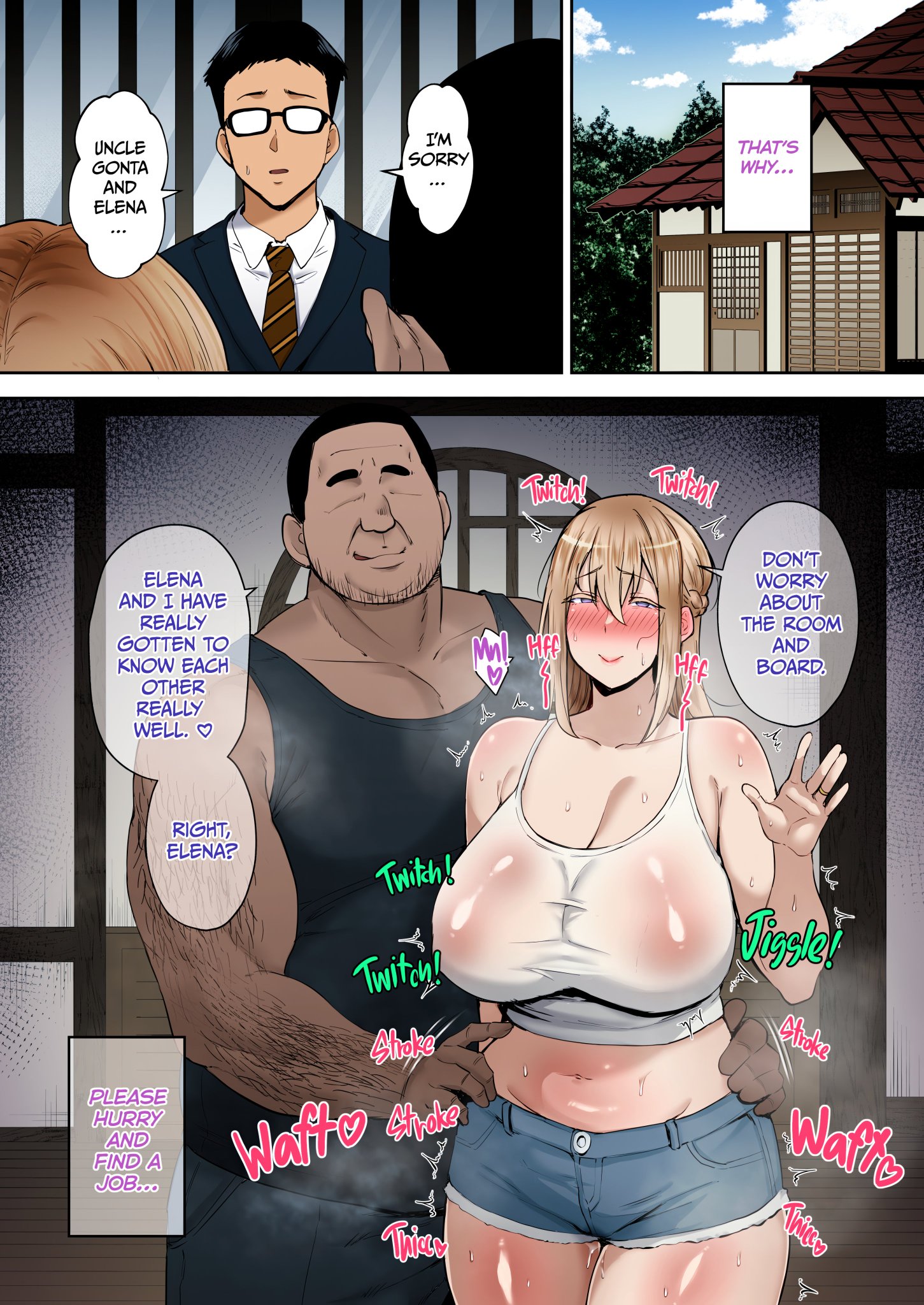 1girls, 2boys, 2girls, after sex, almost caught, busty, cheating wife, colored, colorization, colorized edit, curvaceous, curvy, curvy figure, doujin, doujinshi page, english text, erect nipples under clothes, fat male, gagarin kichi, hi res, highres, huge breasts, implied cheating, implied sex, large breasts, looking at another, looking at viewer, short shorts, speech bubble, standing, sweat, tank top, tuxedo, ugly bastard, ugly man, voluptuous female