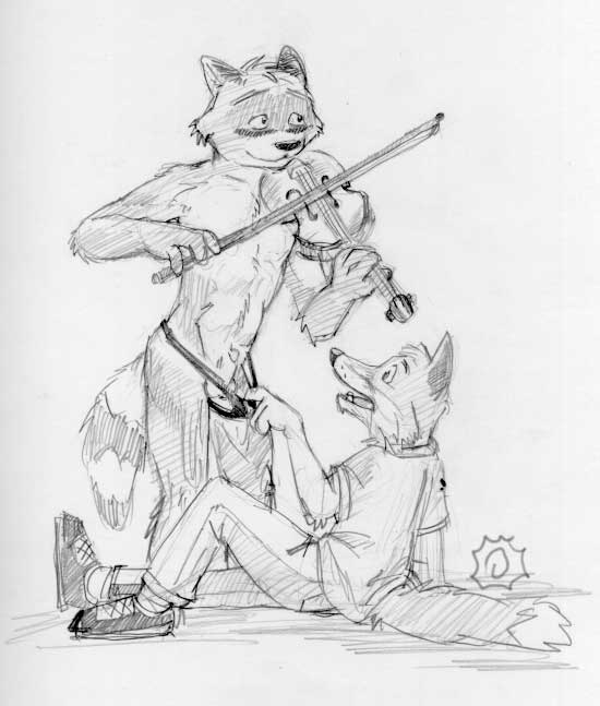 aiden_harris animal_genitalia balls blush canine colin_young exposing fox furry leafdog male mammal monochrome musical_instrument penis raccoon sheath sketch violin yaoi