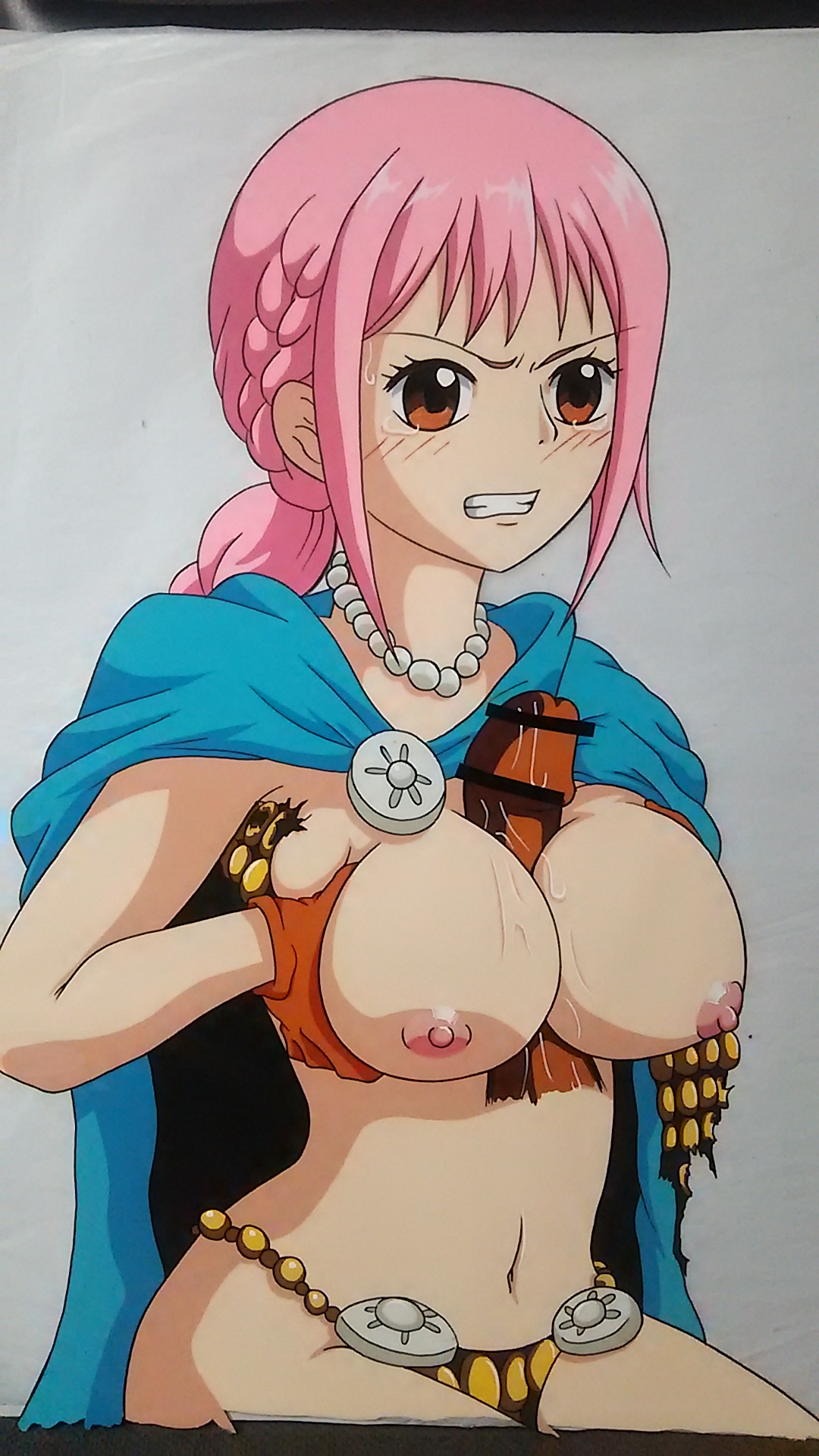 1boy, 1girls, bikini armor, blush, breasts, brown eyes, cape, dark skin, dark-skinned male, female, female focus, large breasts, male, nipples, one piece, paizuri, penis, photo (medium), pink hair, pink-haired female, princess, rebecca (one piece), scissor insect, tears