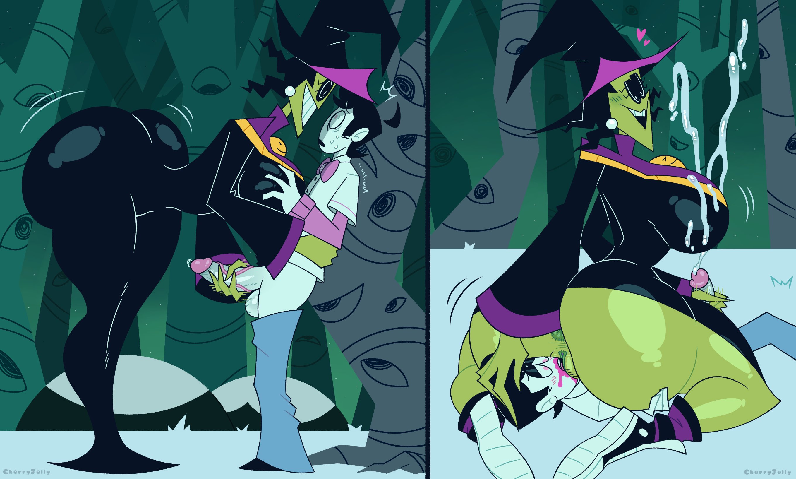 1boy, 1girl, 2026, aspen moor, big ass, big breasts, black hair, black sclera, blushing, bubble butt, cherryjelly, cum, cum on breasts, cumming from handjob, cunnilingus, curvy, digital media (artwork), earrings, femdom, forest, green pussy, green skin, handjob, highres, human, kevin (spooky month), larger female, looking pleasured, male/female, newgrounds, outdoors, outside, pants down, size difference, smaller male, sneakers, snow, spooky month, sr pelo, stockings, taller female, tight clothing, veiny penis, white skin, witch, witch hat