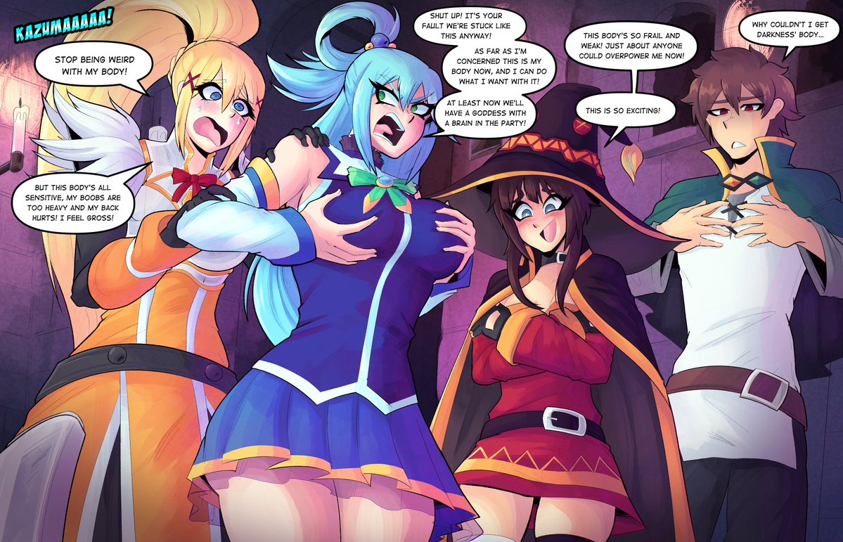 1boy, 3girls, aqua (konosuba), blush, body swap, body switch, breasts, breasts grab, comic, darkness (konosuba), enormous breasts, female, groping, groping breasts, huge breasts, kono subarashii sekai ni shukufuku wo!, konosuba, large breasts, light skin, light-skinned female, light-skinned male, male, male/female, megumin, multiple girls, possession, satou kazuma, verteeg