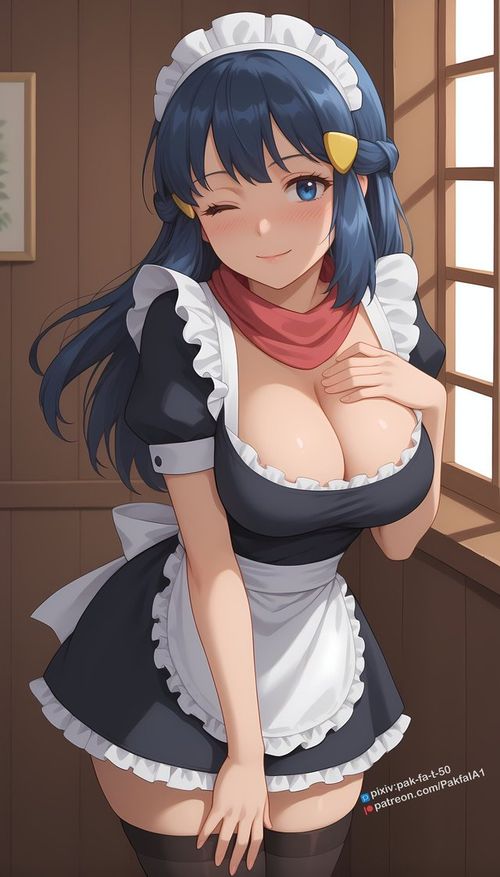 1girls, ai generated, big breasts, blue eyes, blue hair, blush, breasts, cleavage, cowboy shot, dawn (pokemon), female, fully clothed, large breasts, light skin, light-skinned female, maid, maid outfit, maid uniform, pakfaia, pokemon, smile, solo, thighhighs, wink