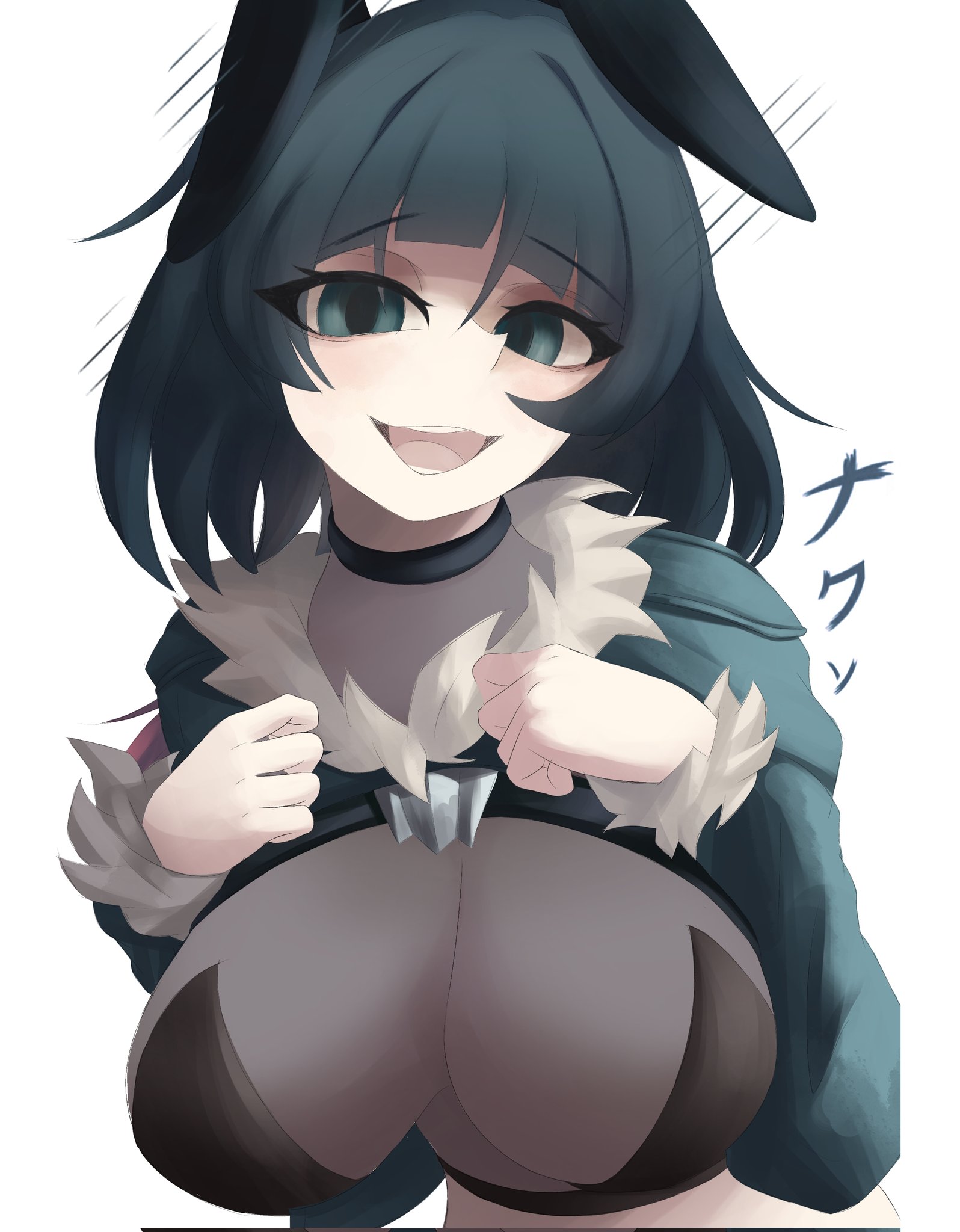 1girls, breasts, cleavage, female, fur sleeves, jane doe (zenless zone zero), large breasts, long sleeves, looking at viewer, naxless, open mouth, see-through, see-through clothing, simple background, solo, solo female, solo focus, tongue, translation request, turtleneck, white background, zenless zone zero