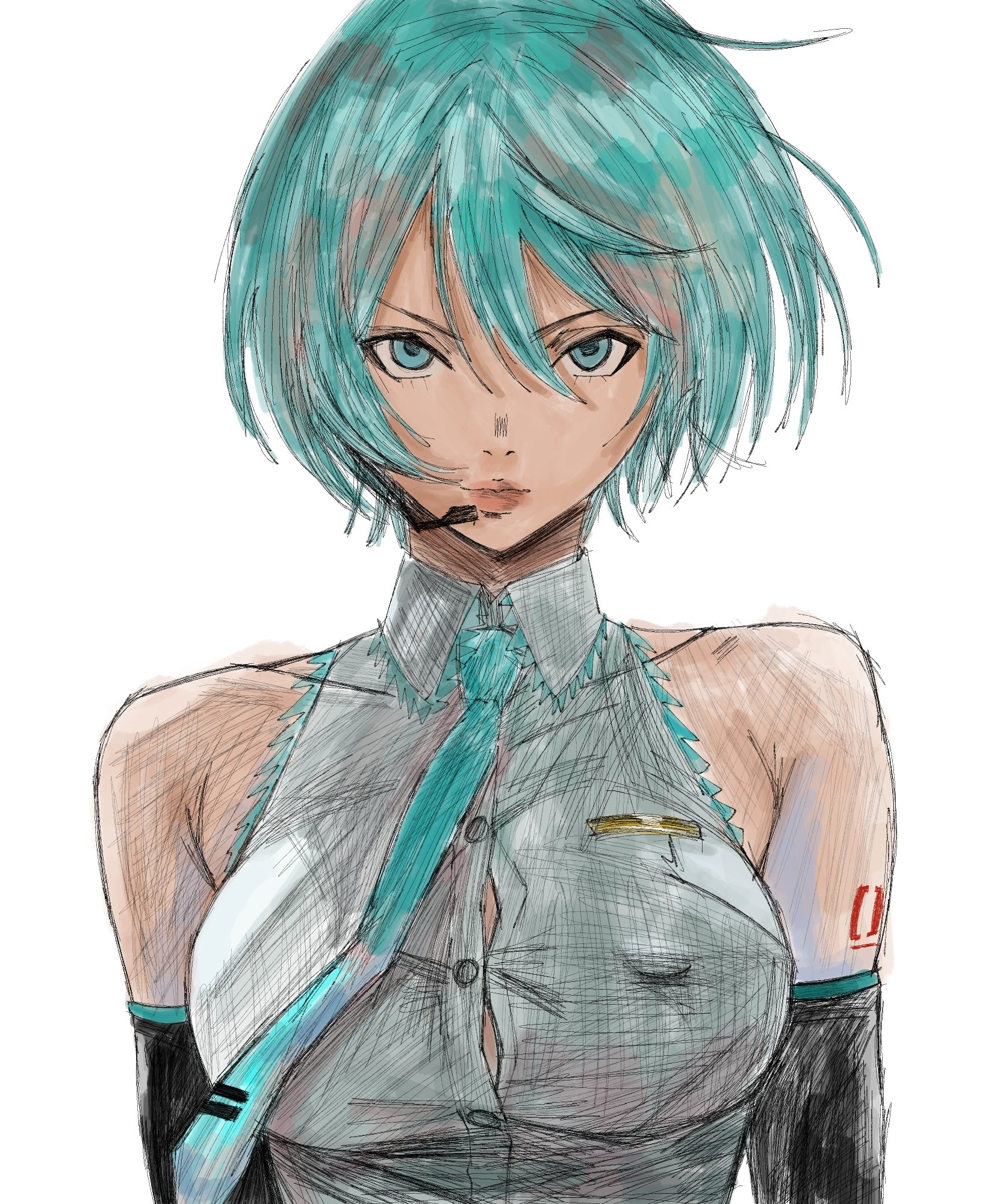 1girls, alternate hairstyle, big breasts, blue hair, breasts, erect nipples, female, female only, hatsune miku, hex mamaniac, large breasts, nipple bulge, short hair, solo, vocaloid