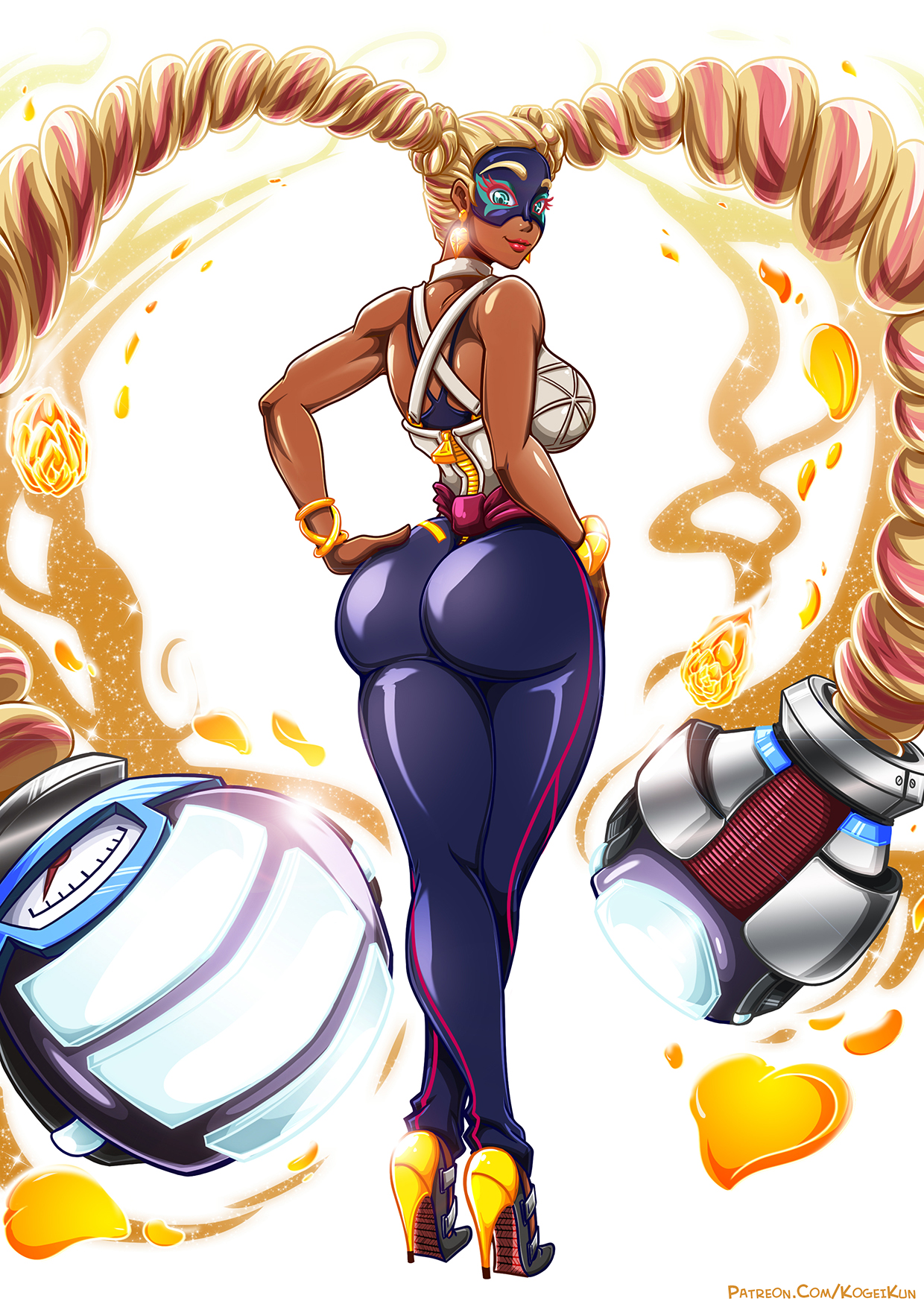 arms (game), ass, big ass, big breasts, breasts, dark skin, dark-skinned female, female, female only, kogeikun, looking at viewer, looking back, nintendo, solo, twintelle