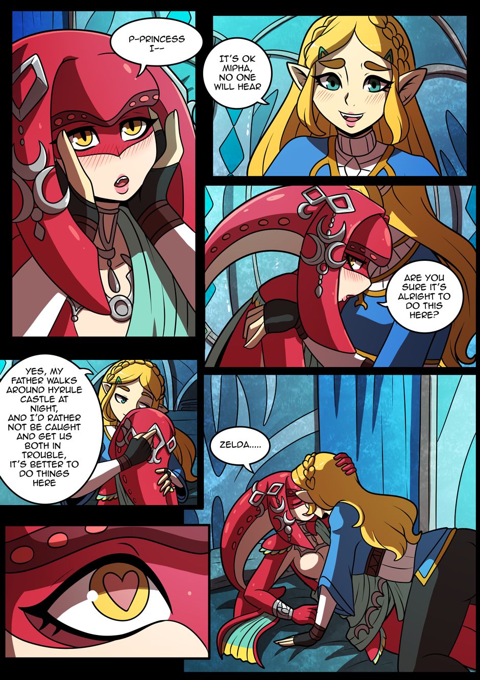 2d, bed, blonde hair, blue eyes, blushing, breath of the wild, comic, english text, female, heart-shaped pupils, kinkymation, lesbian, mipha, mouth open, nintendo, princess domain (comic), princess zelda, tagme, text, the legend of zelda, white skin, yellow eyes, yuri, zelda (breath of the wild)