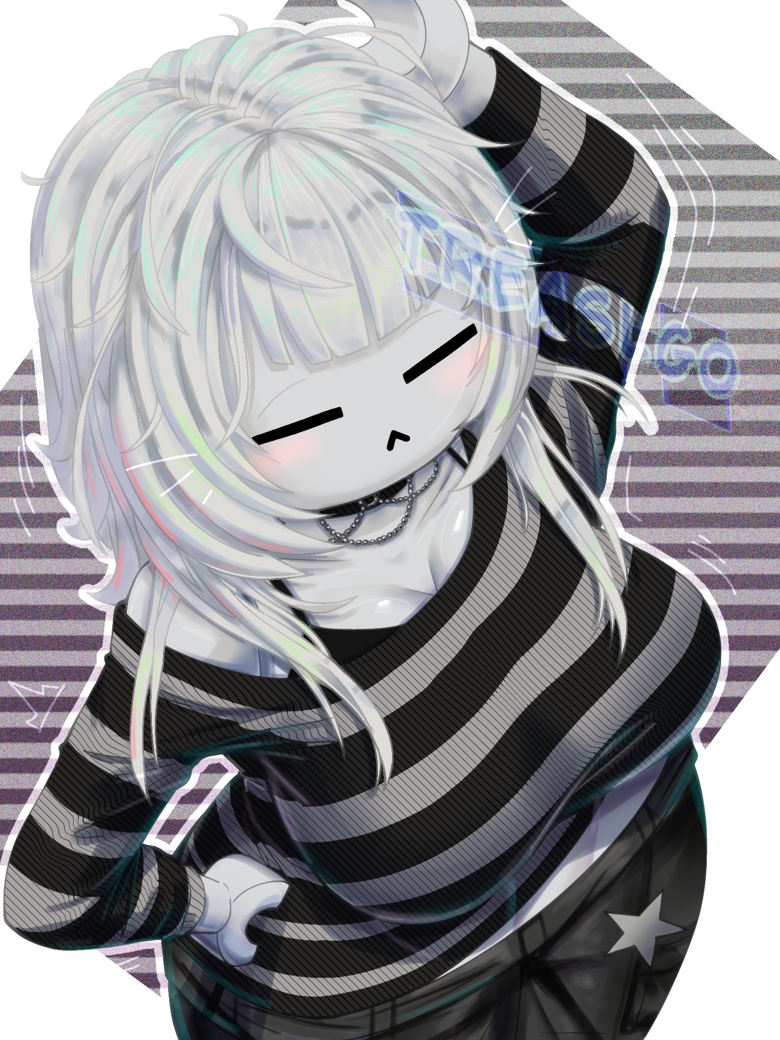 1girls, 2025, big breasts, black bra, black pants, black stripes, blush, bra, breasts, choker, cleavage, closed eyes, clothed, clothed female, female, female only, fully clothed, fully clothed female, grey stripes, hand on head, hand on hip, huevosetrellado, midriff, motion lines, off shoulder, off shoulder sweater, pants, roblox, roblox avatar, robloxian, short hair, solo, star (symbol), stomach, striped clothing, striped sweater, stripes, sweater, treaslgo, watermark, white hair, white skin
