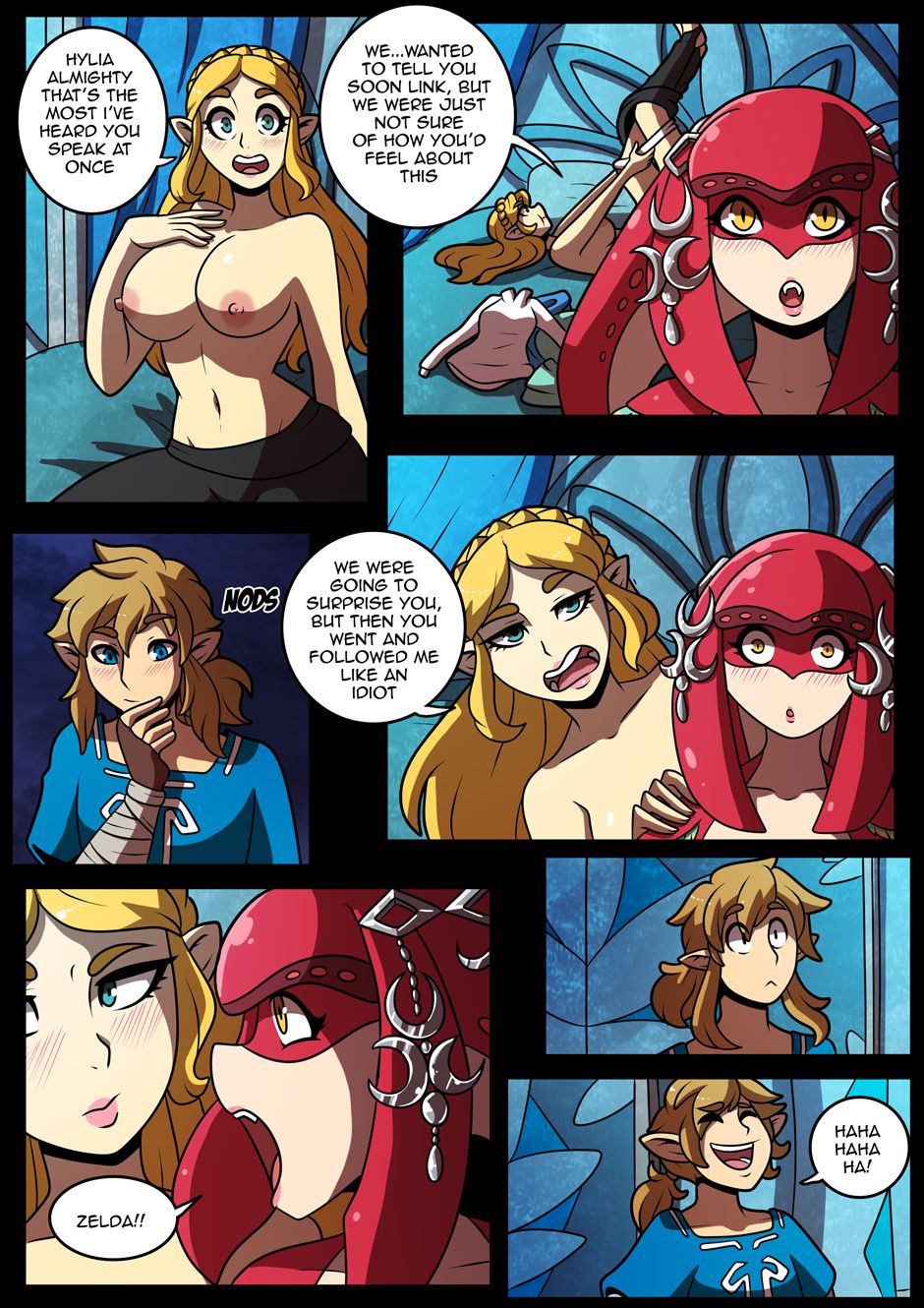1boy, 2d, 2girls, blonde hair, blue eyes, blushing, breasts, breath of the wild, comic, english text, female, kinkymation, lesbian, link, link (breath of the wild), male, mipha, mouth open, nintendo, nipples, princess domain (comic), princess zelda, stripping, tagme, text, the legend of zelda, threesome, topless, topless female, undressing, white skin, yellow eyes, yuri, zelda (breath of the wild)