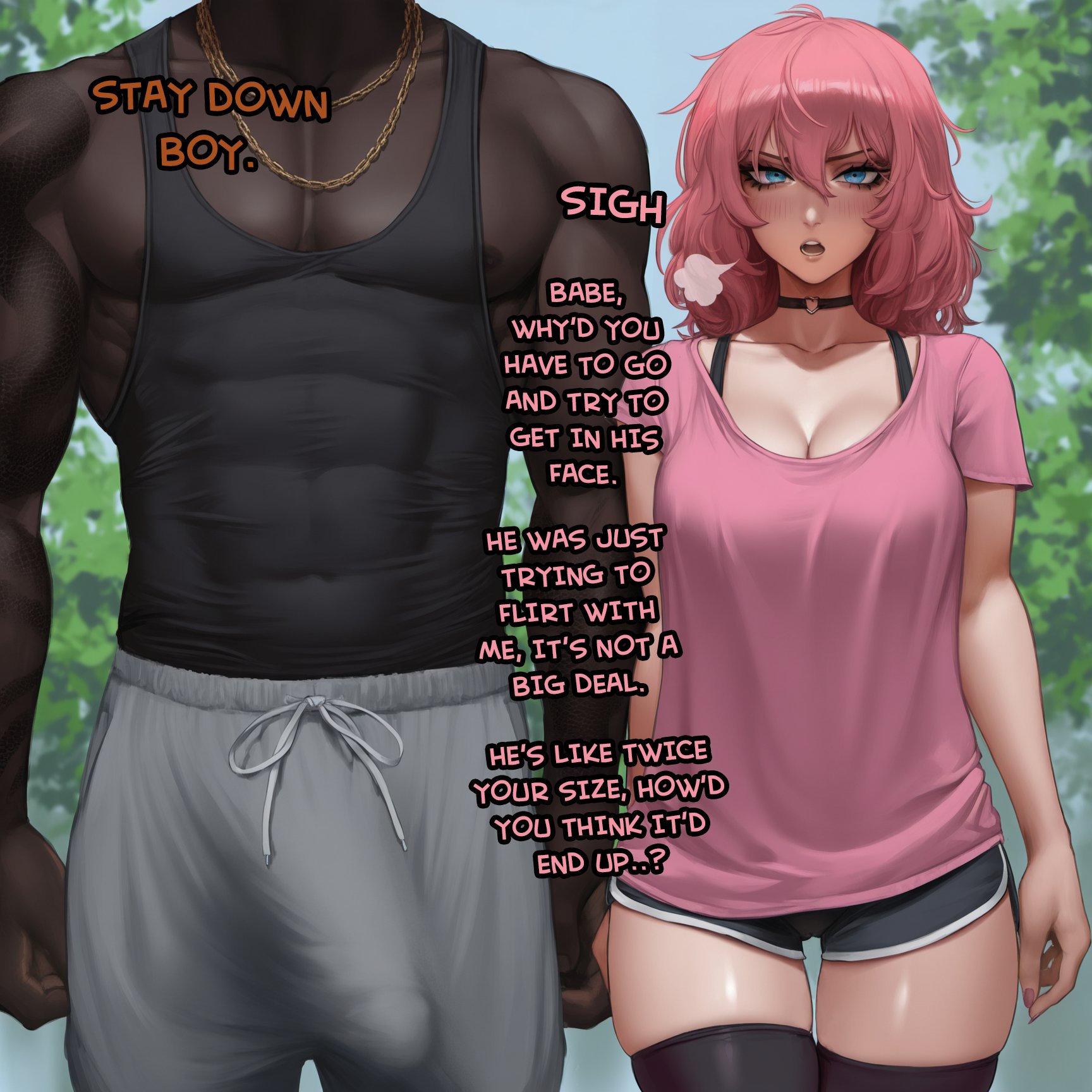 1boy, 1girls, 2025, 2d, abs, ai generated, aipotions, bare arms, bare legs, bare shoulders, bare thighs, big breasts, big penis, blue eyes, blush, breasts, bulge, color, dark skin, dark-skinned male, english text, female, hi res, interracial, large breasts, light skin, light-skinned female, looking at viewer, male, male/female, maledom, muscles, muscular, muscular male, netorare, ntr, original character, pants bulge, penis, pink hair, rose (aipotions), short hair, switching sides, tagme, text, thick thighs