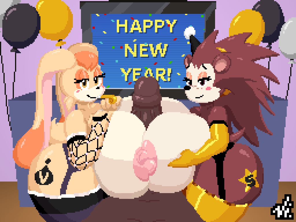 animal_crossing arm_warmers breasts dark-skinned_male double_titfuck elbow_gloves gloves huge_ass huge_breasts huge_cock latex latex_gloves nintendo nipples paizuri party_hat pixel_art sable_able sega sonic_(series) tattoo thick_thighs thighhighs vanilla_the_rabbit vi-nsfw