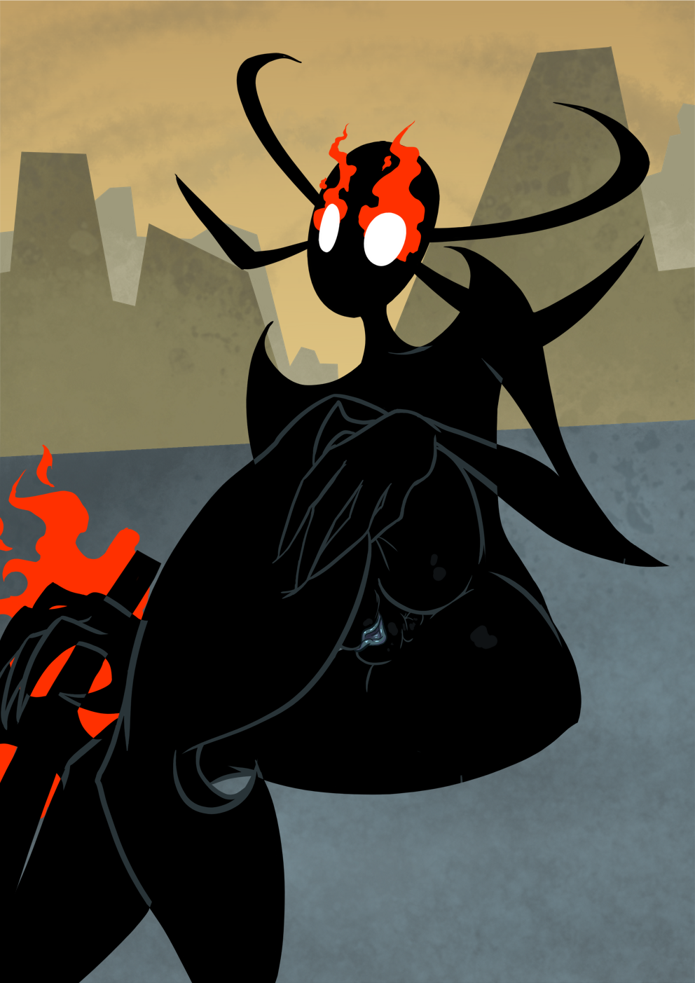 1girls ashi_(samurai_jack) asian daughters_of_aku female fire_eyes flame flaming_eyebrows glamorous_love presenting_ass presenting_hindquarters presenting_pussy samurai_jack villainess