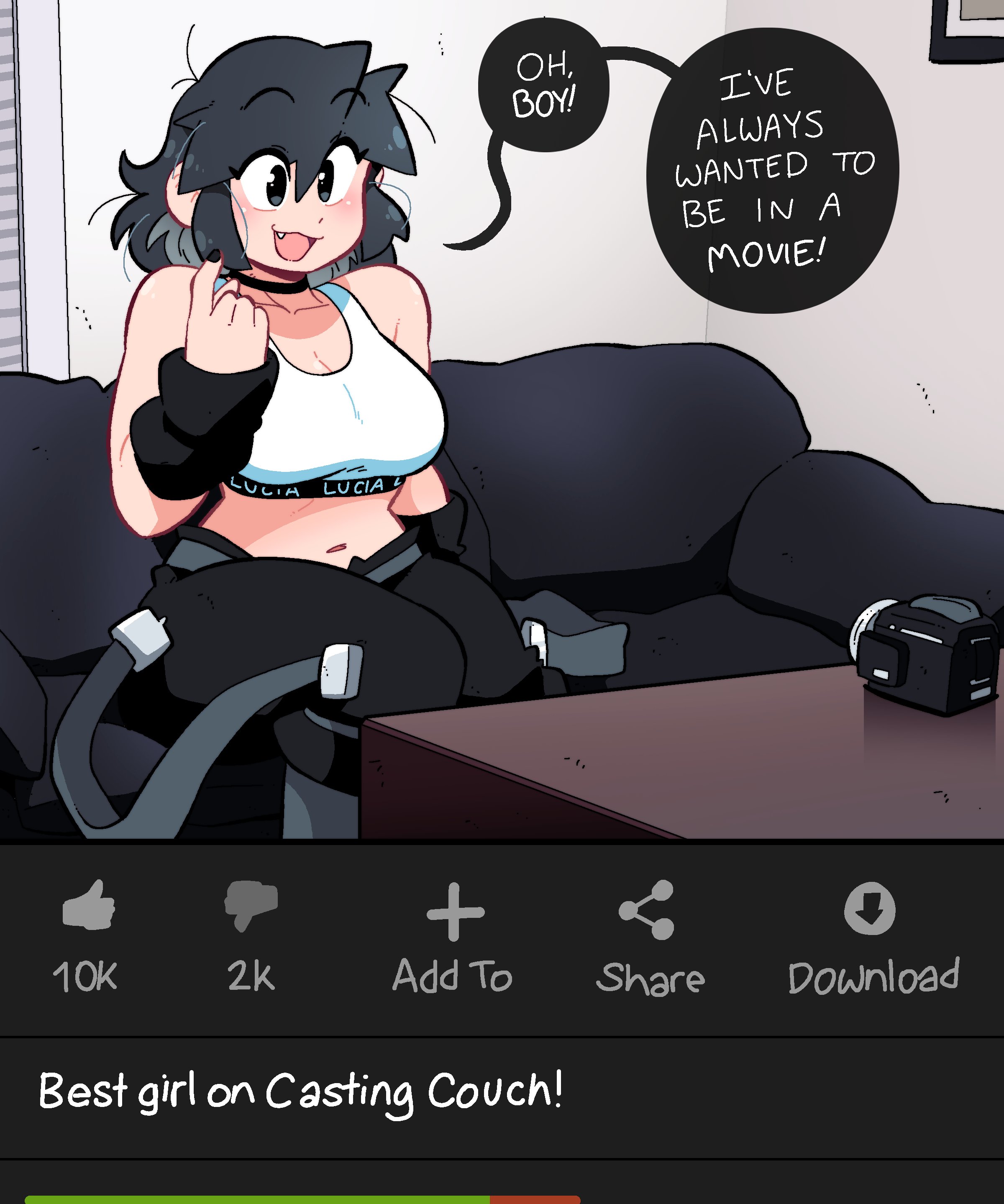 1girl, 1girls, black hair, breasts, casting couch, cute fang, fully clothed, lucia (scott malin), original, original character, scott malin, tagme