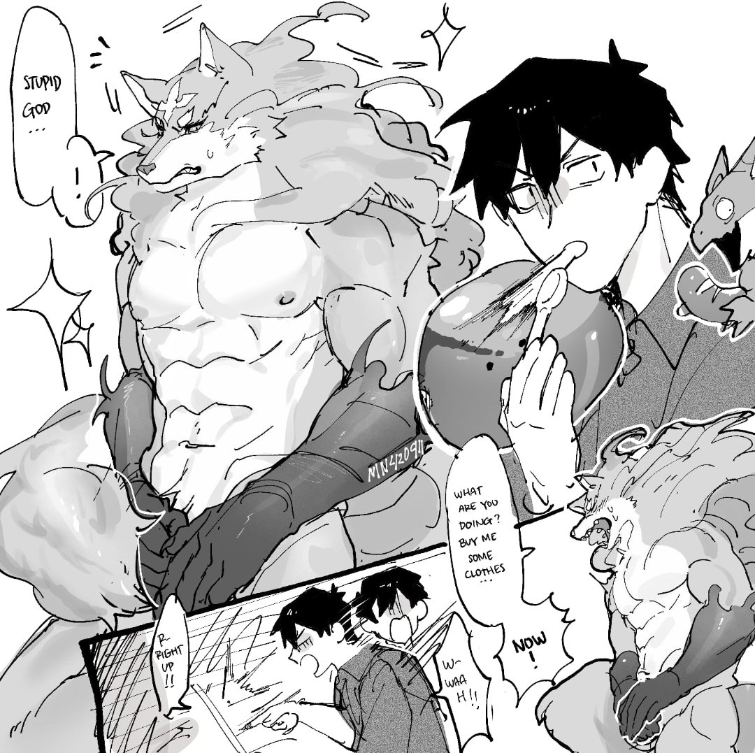 abs, anthro, black and white, campfire cooking in another world with my absurd skill, canid, canine, canis, covering crotch, dialogue, duo, embarrassed, fel (fenrir), human, male, mn420911, monochrome, mukoda tsuyoshi, muscular, muscular male, nipples, nude, tondemo skill de isekai hourou meshi, wolf