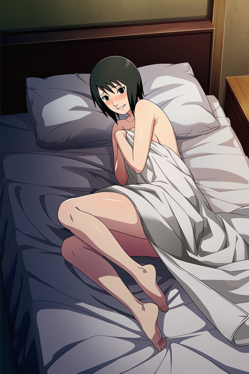 1girls, after sex, ai generated, barefoot, bed sheet, bent knees, black eyes, black hair, blanket, blush, breasts, completely nude, covering, covering breasts, covering self, curvaceous, curvy, curvy female, curvy figure, embarrassed, feet, feet together, female, female only, full body, head on pillow, hourglass figure, legs together, long hair, looking at viewer, lying down, lying on back, lying on bed, lying on side, naked, naruto, naruto (series), naruto shippuden, nude, omegavolt, on back, on bed, pillow, shizune, smile, under covers, viewed from above