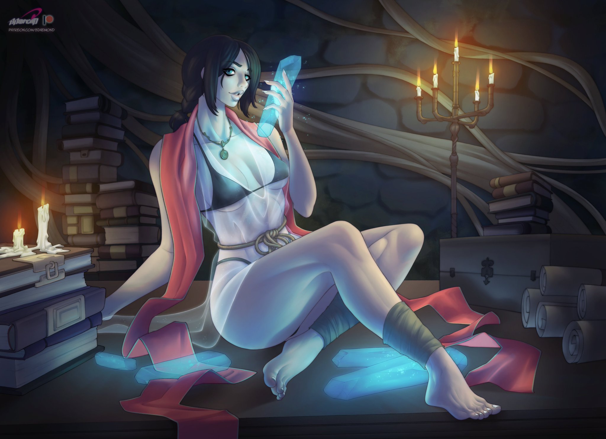 1girls, 2024, 2d, 2d (artwork), alternate version available, artist name, bdaemond, black hair, blue eyes, bra, breasts, cleavage, crystal, elden ring, feet, female, female only, fromsoftware, magic, medium breasts, pale skin, pale-skinned female, partially clothed, pinup, questionable, realistic proportions, solo, solo female, sorceress, sorceress sellen, teacher, translucent clothing