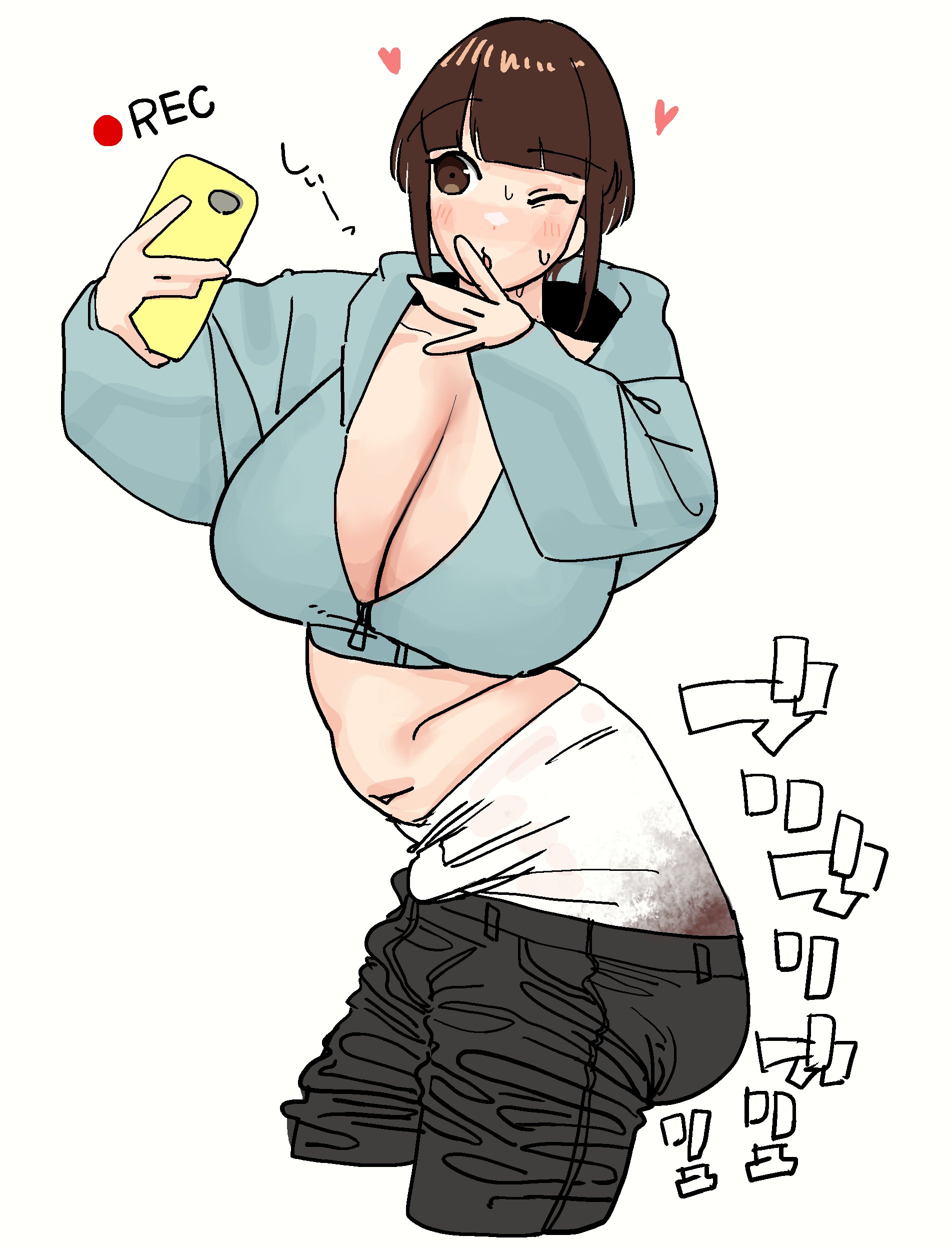 1girls, big breasts, blush, breasts, diaper, female, female only, ijnacrj, jeans, messy diaper, nene (mattsuu), one eye closed, solo, wink