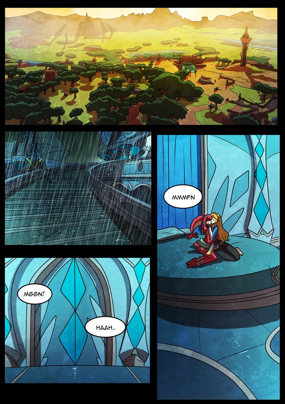 2girls, bed, blonde hair, breath of the wild, comic, english text, female, kinkymation, kissing, lesbian, mipha, nintendo, princess domain (comic), princess zelda, raining, tagme, text, the legend of zelda, white skin, yuri, zelda (breath of the wild)