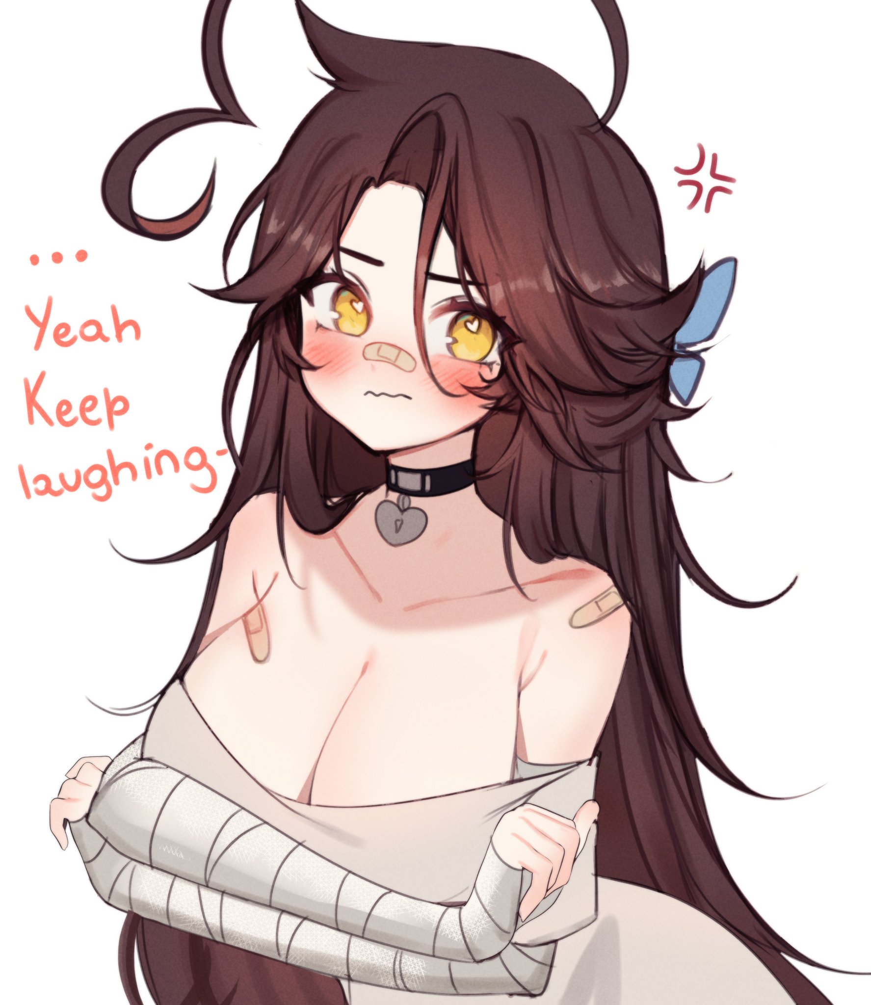 1girls, amber eyes, bandage, bandaid on arm, bandaid on breast, bandaid on nose, bandaid on shoulder, bare shoulders, big breasts, breasts, brown hair, choker, cleavage, female, female only, heart-shaped pupils, huge breasts, large breasts, looking at viewer, original, pout, sky (skyaboveme), skyaboveme, solo, text, virtual youtuber