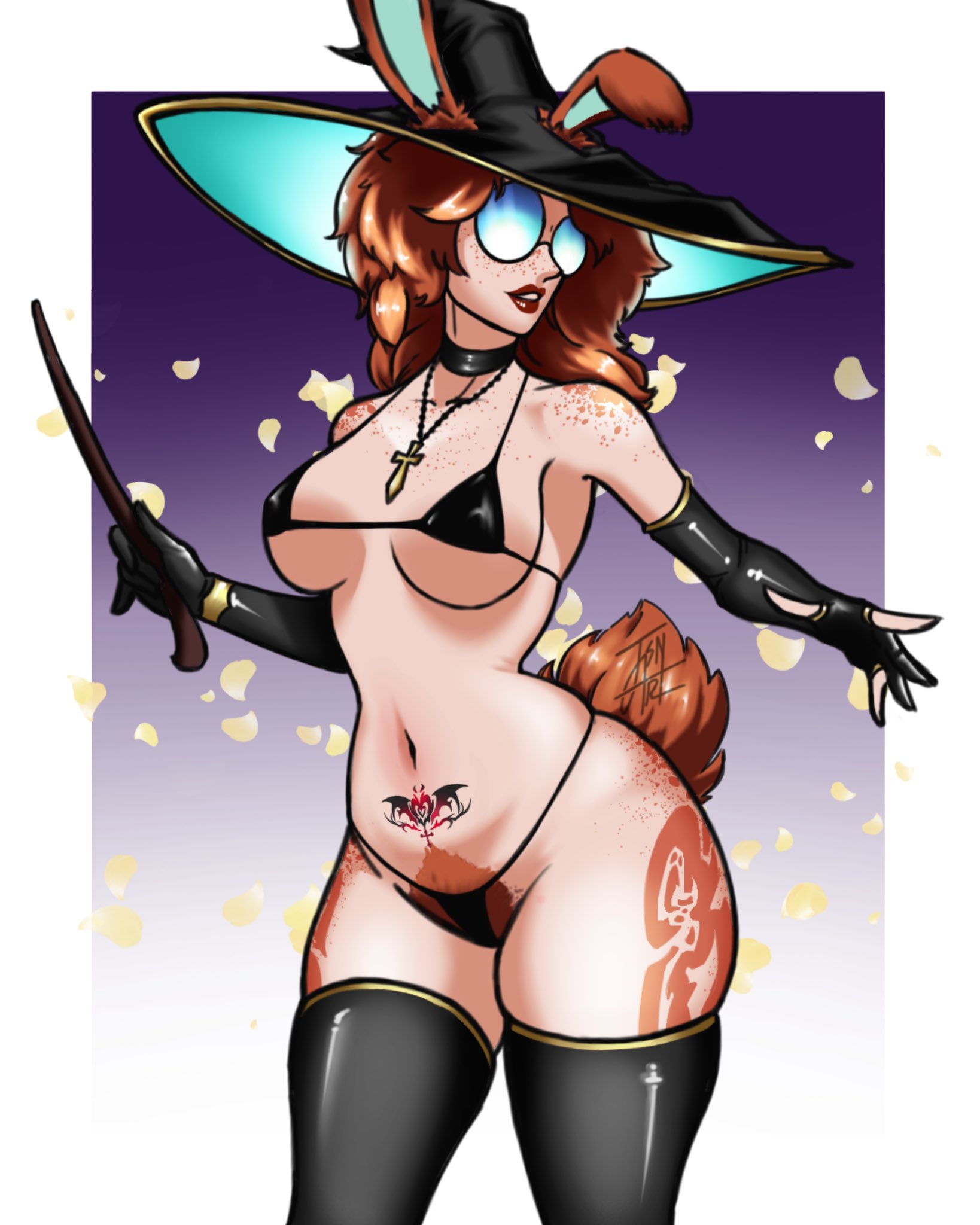 ass, aurora (league of legends), big ass, big breasts, big butt, big thighs, big titties, bikini, breasts, bunny, bunny ears, bunny girl, bunny tail, clothing, curvaceous, curvaceous female, curvaceous figure, curvy, curvy figure, curvy hips, female, female focus, female only, glasses, jsnartofficial, league of legends, long hair, looking at viewer, orange hair, riot games, rubber, tattoo, thick thighs, thigh highs
