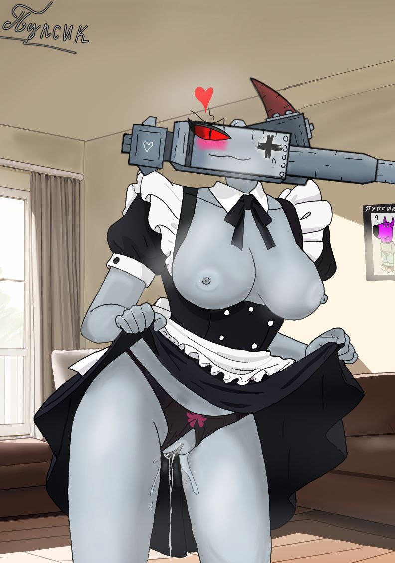 black pupils, blush, breasts, chill guy, couch, curtain, curtains, dress up, female, gerand, grey skin, heart, heart (marking), heart symbol, horn, iron cross, lifting skirt, living tank, living vehicle, maid uniform, meme in the background, metallic body, no artist, no source, panties, presenting, presenting pussy, pussy, pussy juice drip, pussy juice leaking, pussy juice on leg, question mark, red eyes, red sclera, russian text, shy smile, smile, solo, tank, tankmorph, war thunder, wet pussy, window, world of tanks