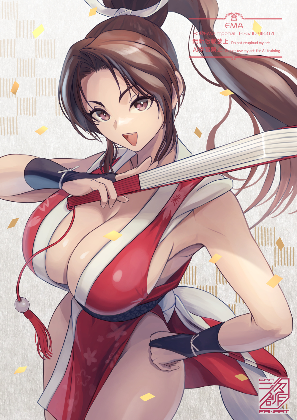 :d, bare legs, big breasts, breasts, brown eyes, brown hair, cherry blossom print, cleavage, close-up, commentary request, confetti, dress, ema (emaura), fan, fatal fury, female, floral print, folding fan, hand fan, hand on own hip, high ponytail, highres, holding, holding fan, japanese clothes, king of fighters, kunoichi, large breasts, legs together, long hair, looking at viewer, mai shiranui, motoyui, no bra, obi, parted bangs, pelvic curtain, ponytail, red dress, sash, sideboob, smile, snk, solo, very long hair