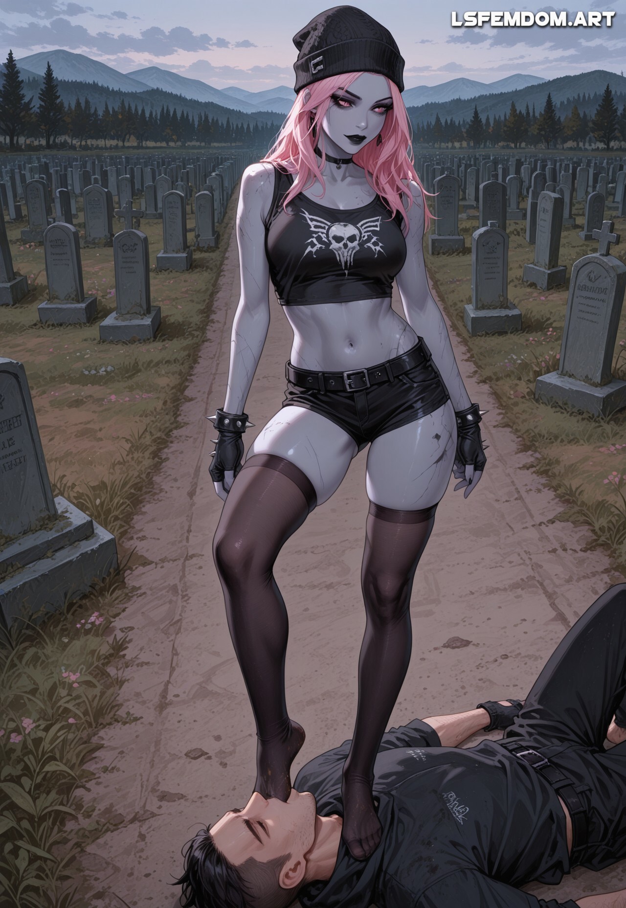 ai generated, belt, dominant female, female, femdom, foot gagging, foot suck, foot worship, fortnite, lsfemdomart, male, midnight dusk (fortnite), short shorts, shorts, submissive male, sucking foot, trampling