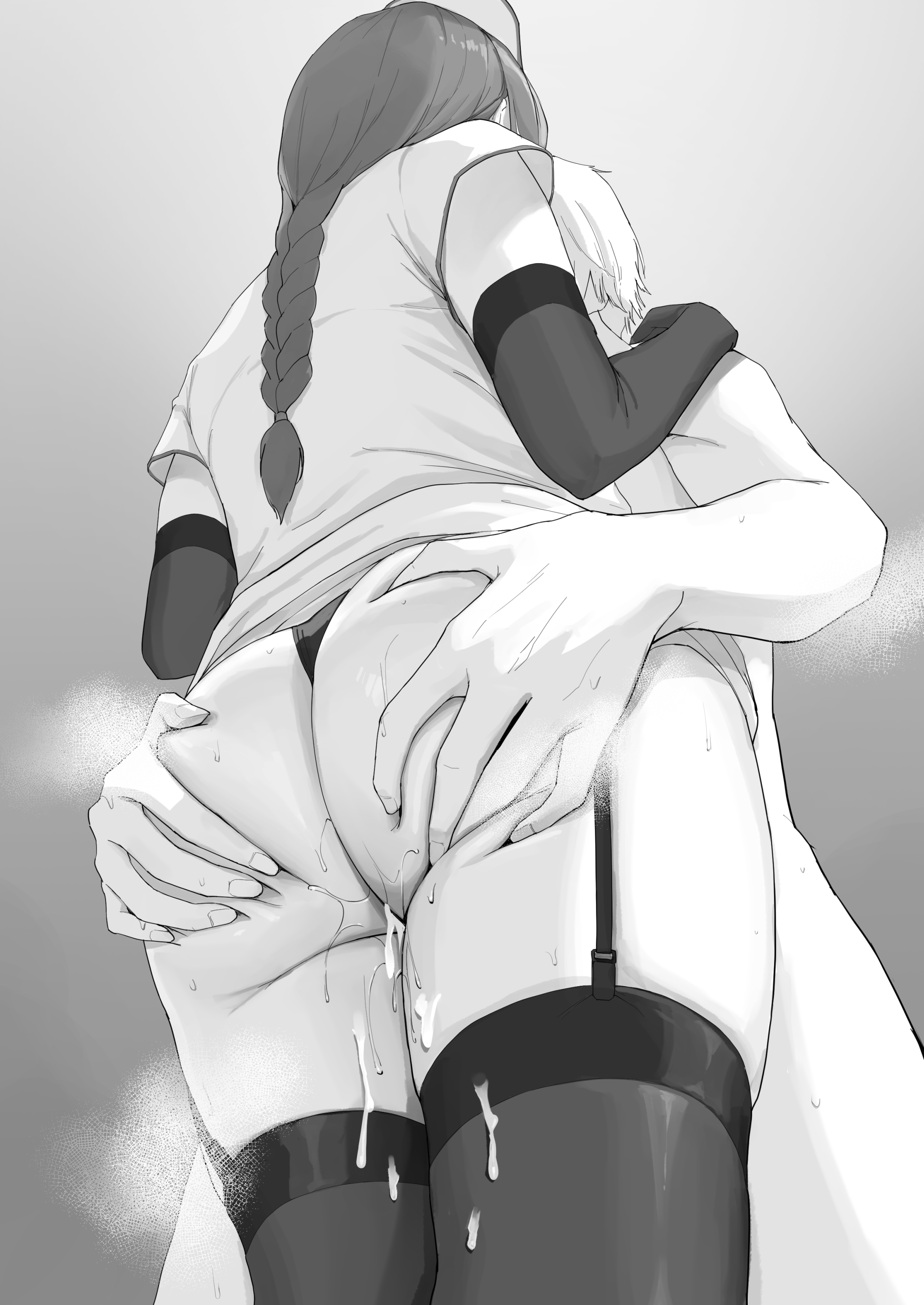 1boy, 1girls, after sex, age difference, ano (gccx8784), ass, ass focus, braid, braided ponytail, chainsaw man, clothed female nude male, completely nude, cum, cum drip, cum on thighs, denji (chainsaw man), female, gloves, grabbing, grabbing ass, hi res, highres, human, long hair, makima (chainsaw man), male, monochrome, nude, nude male, nurse, nurse cap, nurse uniform, older female, red hair, sex, single braid, standing, standing sex, straight, sweat, sweatdrop, sweating, teenager, thigh sex, thighhighs, thighs, unseen female face, unseen male face, younger male