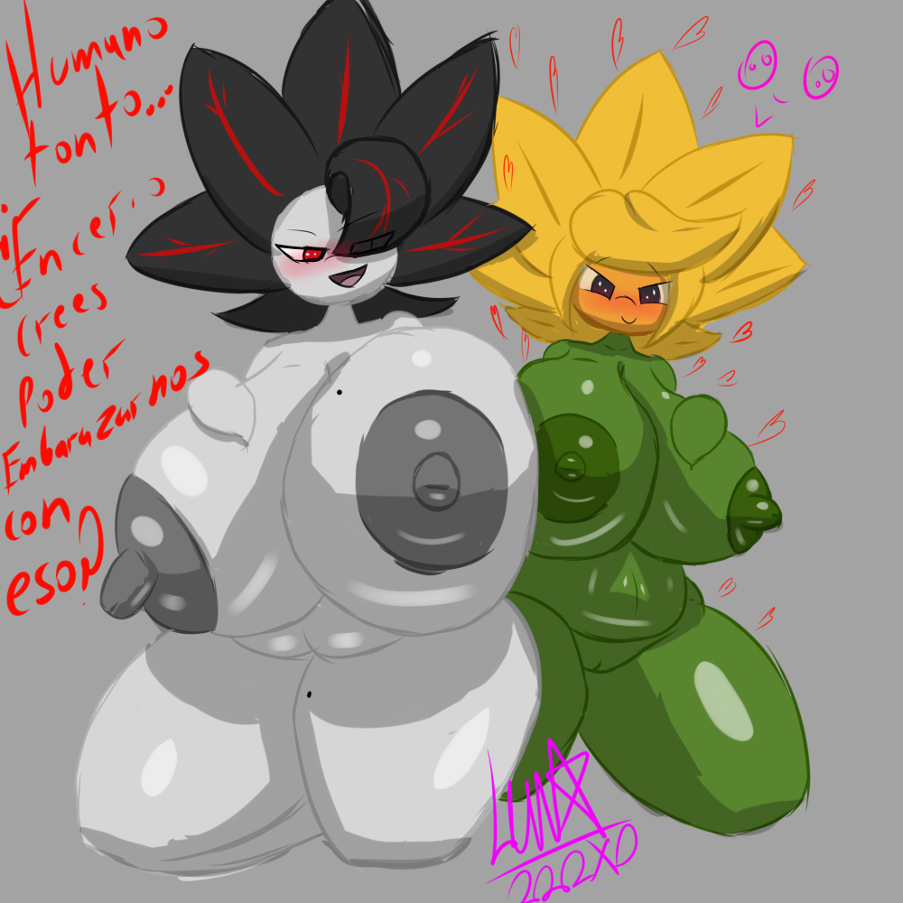 2girls, big breasts, breasts, curvy female, female, flora fauna, horny female, lunaestrella117 (artist), plant, plant girl, plant humanoid, plantie, plants vs zombies, spanish text, sunflower (pvz), vampire sunflower (pvz), voluptuous female