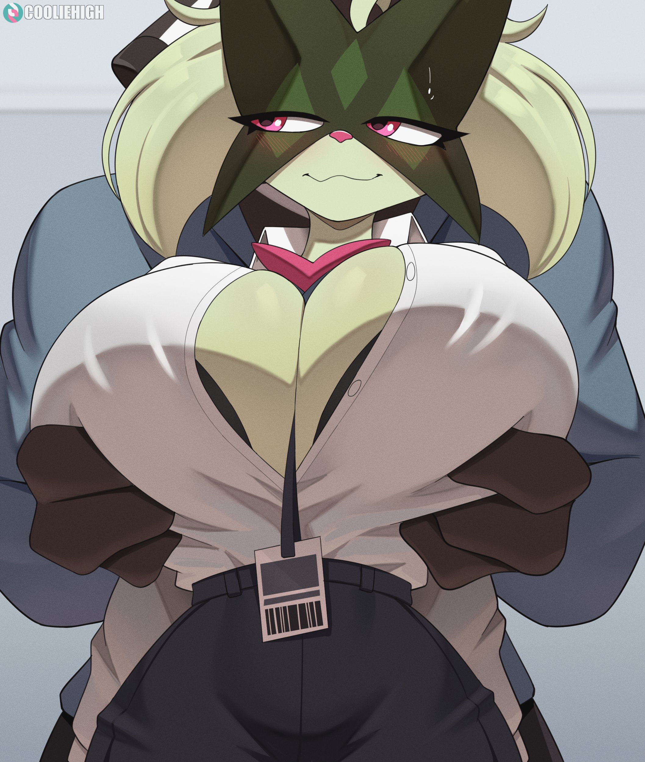 2d, 2d (artwork), artist name, artist signature, big breasts, breasts, breasts peeking out of shirt, cooliehigh, creatures (company), female, furry, furry female, furry only, game freak, generation 9 pokemon, groping, groping breasts, huge breasts, meowscarada, nintendo, pokemon, pokemon (species), pokemon only