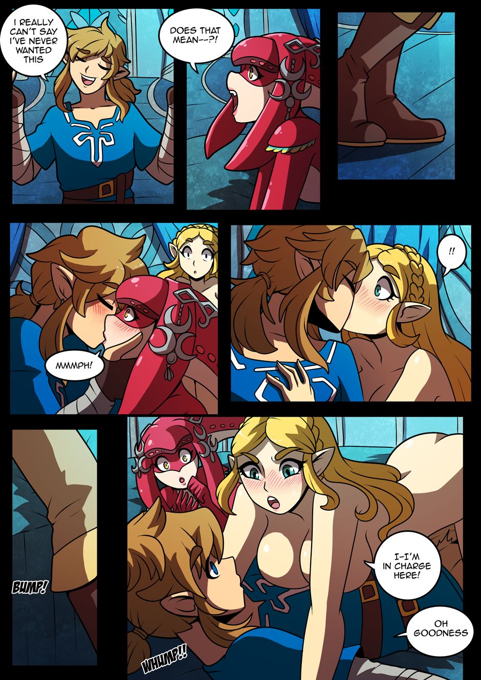 1boy, 2d, 2girls, blonde hair, blue eyes, blushing, breath of the wild, bystander involved, comic, comic page, english text, female, joining in, kinkymation, kissing, link, link (breath of the wild), male, mipha, mouth open, nintendo, nude, princess domain (comic), princess zelda, tagme, text, the legend of zelda, threesome, white skin, yellow eyes, zelda (breath of the wild)