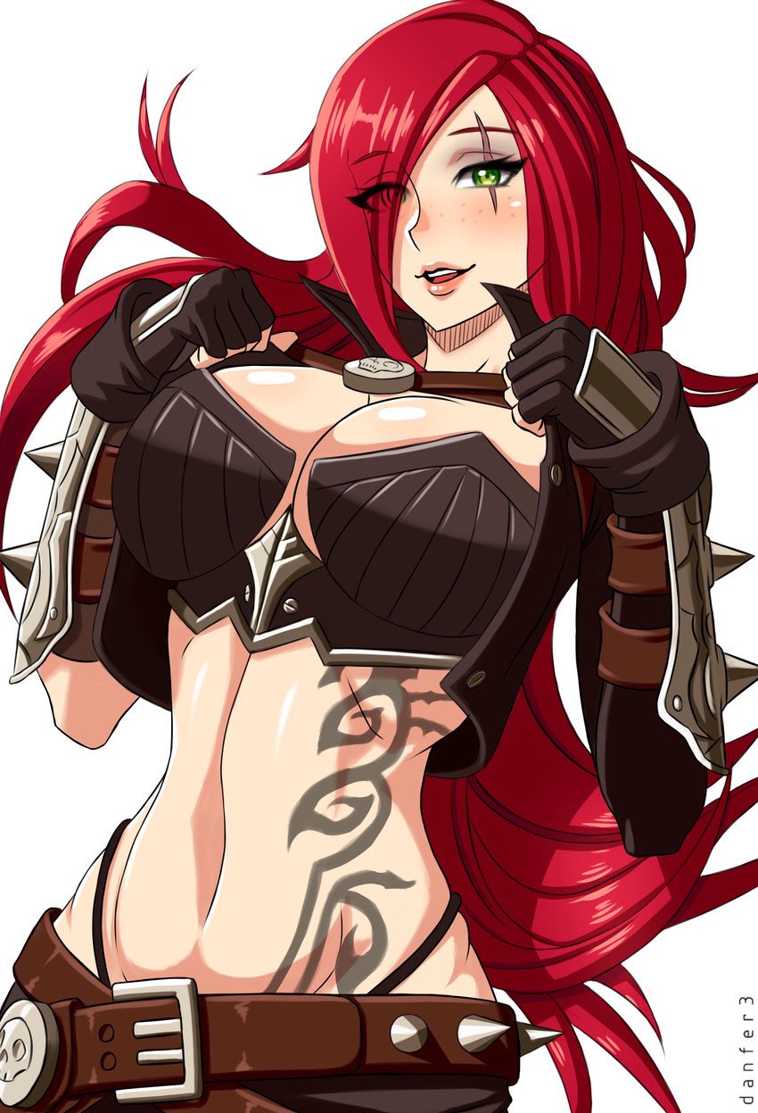 1girls 5_fingers armor asymmetrical_bangs bangs belly belly_button belt big_breasts blush blushing blushing_at_viewer breasts cleavage danfer3 female female_focus female_only fingerless_gloves fit fit_female gloves green_eyes hi_res highres katarina_du_couteau league_of_legends light-skinned_female light_skin lips lipstick long_hair looking_at_viewer muscular muscular_female open_mouth red_hair scar scar_across_eye shirt_lift signature simple_background smile smiling smiling_at_viewer solo solo_female solo_focus tattoo v_string_bikini white_background