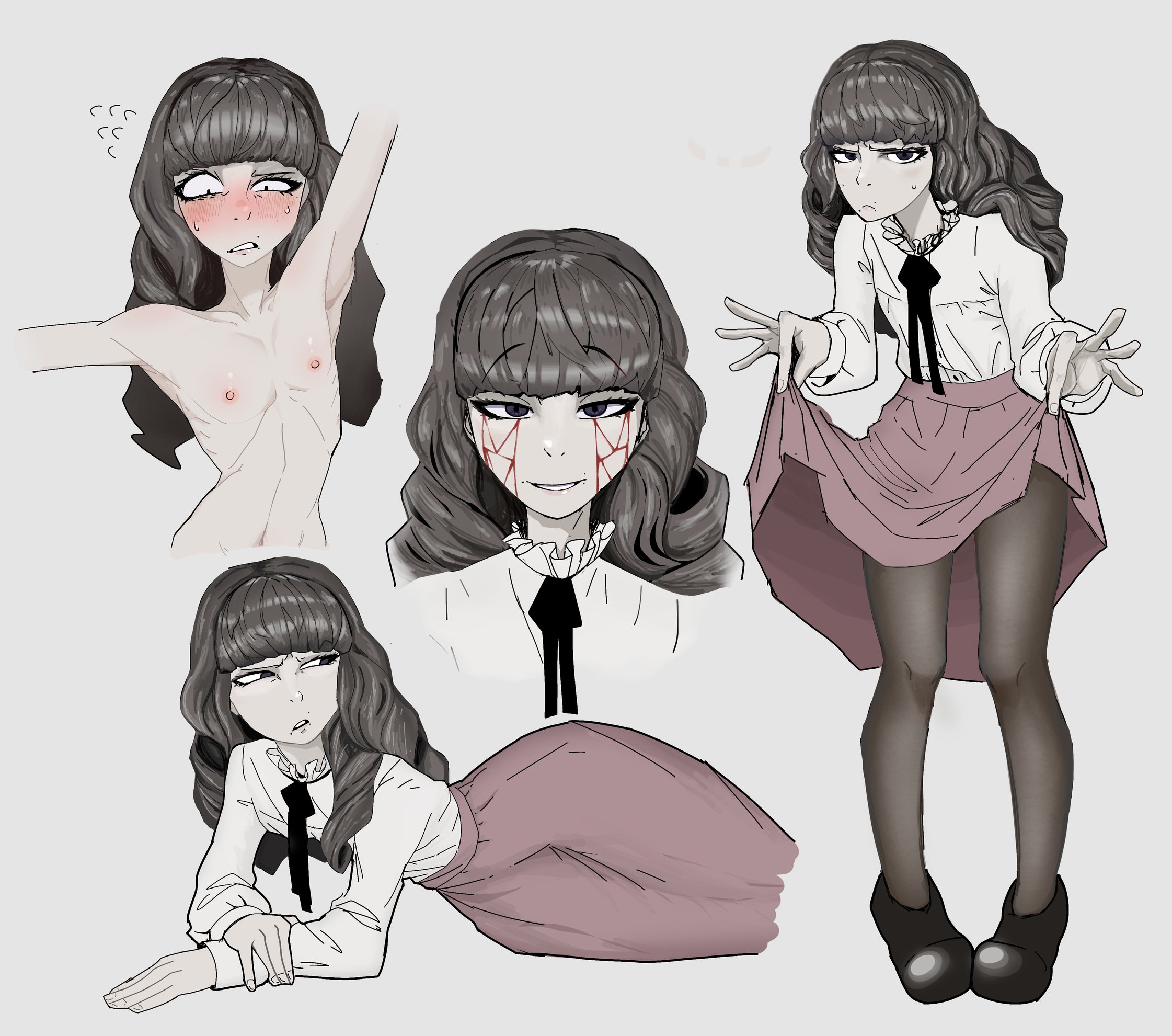 armpits, arms up, blood, blush, brown hair, curly hair, dickgirl, dickgirl only, embarrassed, facial scar, fear and hunger, fear and hunger: termina, flat chest, long hair, looking at viewer, marina (fear and hunger), multiple scenes, noyes670333, pale skin, ribs, scarification, skinny, skirt lift, smile, solo, sweat, sweatdrop, topless, wide hips