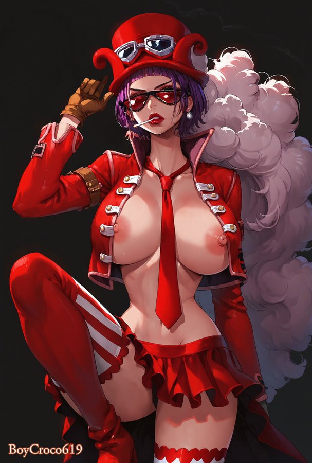 1girls, ai generated, belo betty, big breasts, boycroco619, breasts, clothing, female, female only, glasses, hat, looking over eyewear, looking over sunglasses, nipple slip, nipples, no bra, no panties, one piece, purple hair, purple-haired female, revealing clothes, sunglasses, tinted eyewear
