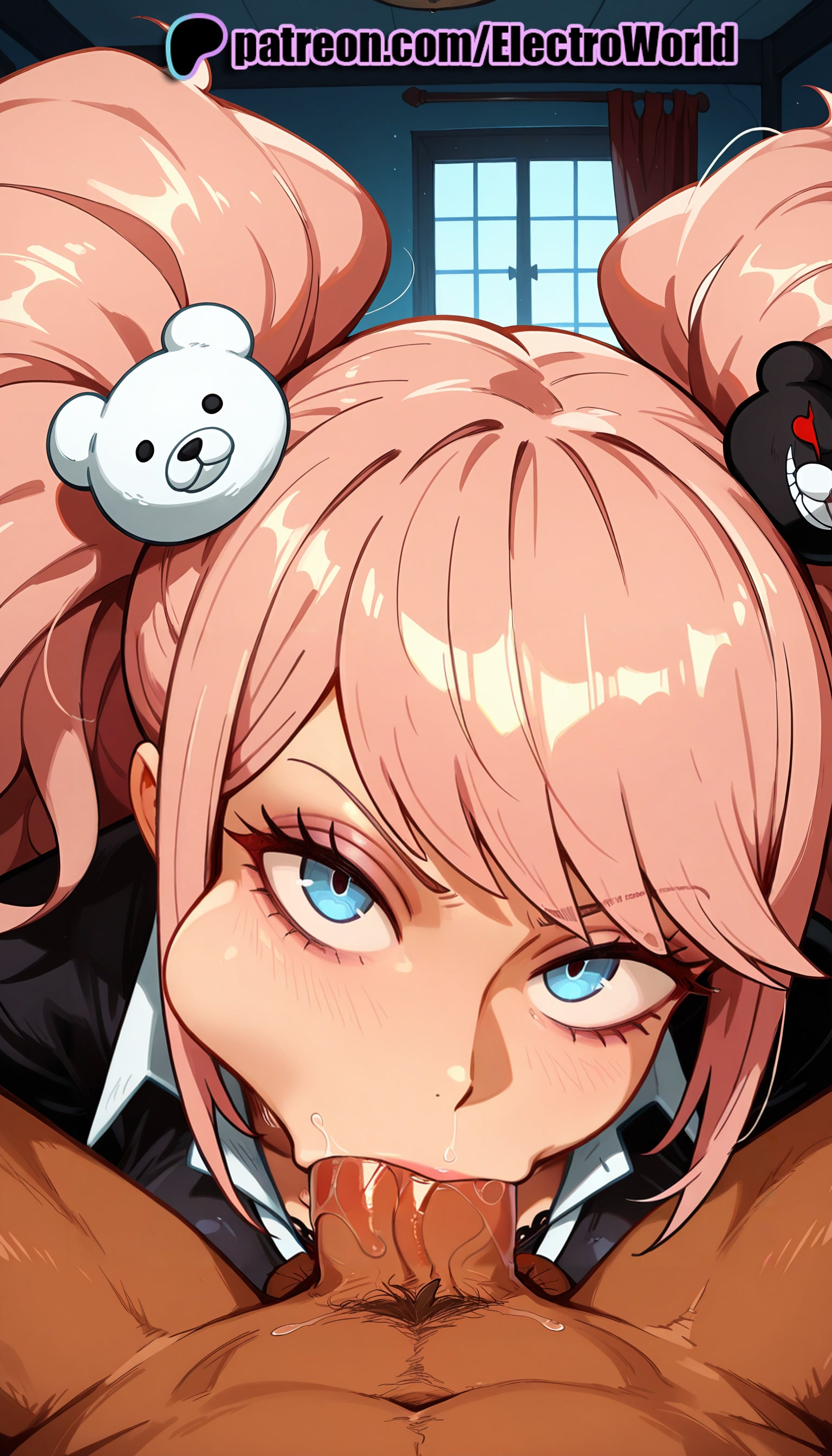 :>=, 1boy, 1girls, 2025, ai generated, artist name, balls, bear hair ornament, blowjob, blowjob face, blue eyes, blush, brown body, brown penis, brown skin, brown-skinned male, cock, danganronpa, danganronpa: trigger happy havoc, dark penis, dark skin, dark-skinned male, dick, electroworld, eyebrows visible through hair, fellatio, female, hair ornament, hi res, high quality, high resolution, highres, human, human female, indoors, interracial, junko enoshima, licking, light body, light skin, light-skinned female, male, male pov, male/female, oral, oral sex, patreon, patreon username, penis, pink hair, pubic hair, stable diffusion, straight, sucking, testicles, twintails, uncensored, watermark, window