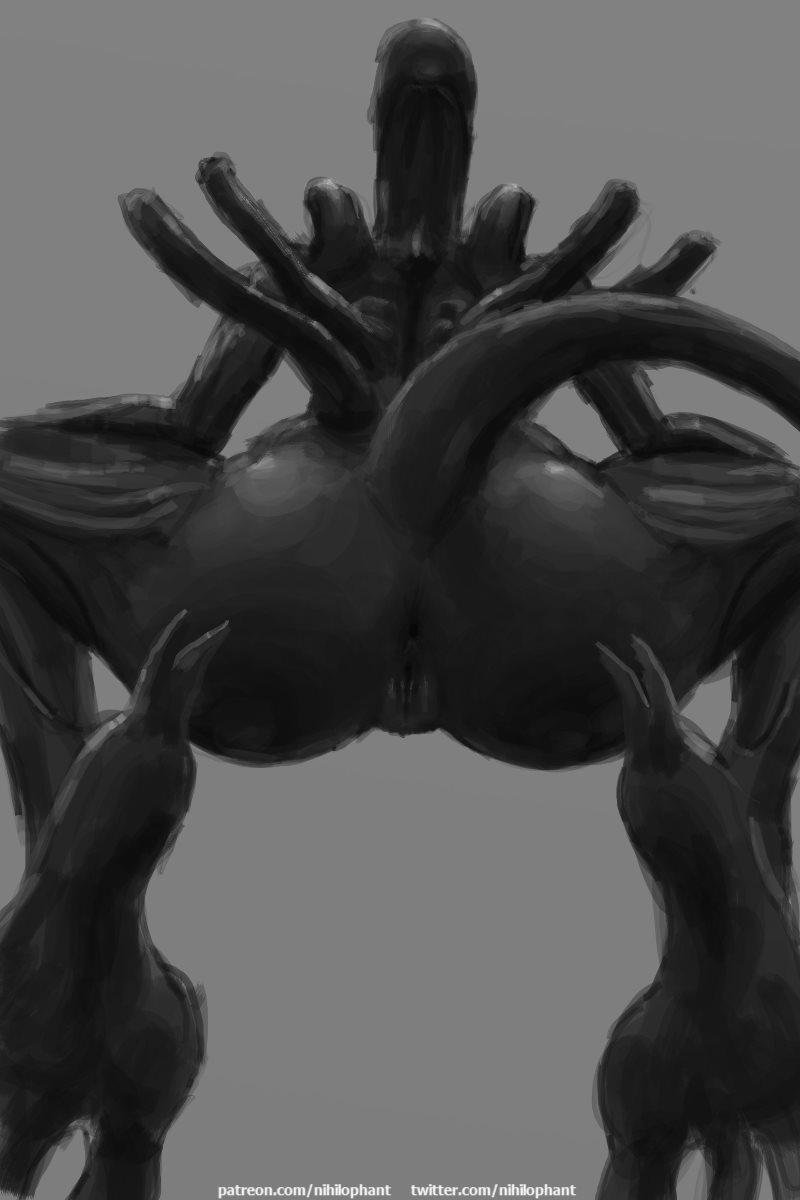 2017 alien alien_(franchise) anus ass female female_xenomorph feral_only nihilophant pussy rear_view simple_background solo spread_legs spreading xenomorph