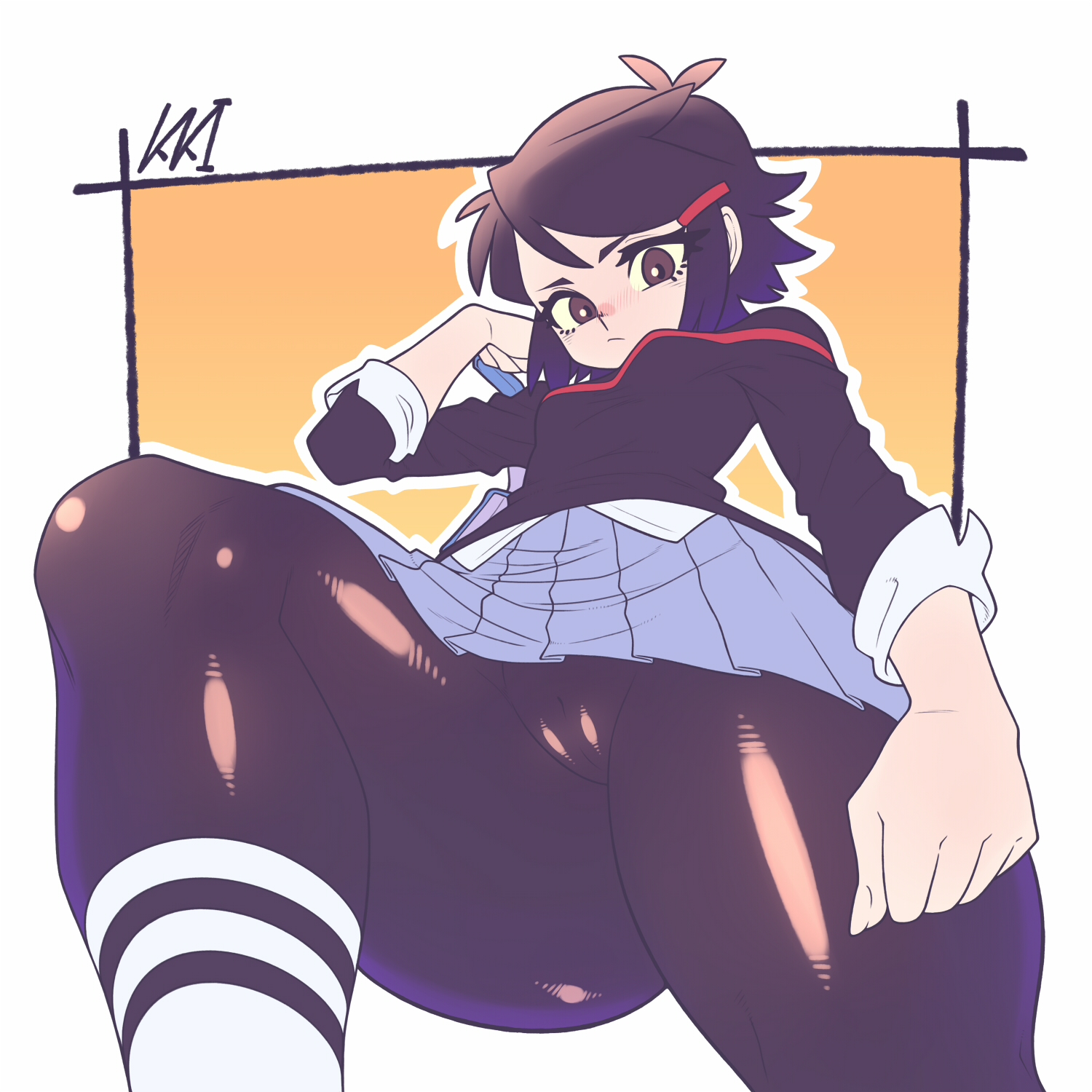 1girls, aged up, big thighs, black hair, cameltoe, female, hi res, huge thighs, kaikoinu, large thighs, latex, latex leggings, latex legwear, leggings, low-angle view, marvel, marvel comics, pants, peni parker, peni parker (comics), peni parker (earth-14512), pussy, red highlights, school uniform, shiny skin, shirt, short hair, skin tight, skirt, socks, solo, spider-man (series), thick thighs, thighs, tight clothes, tight clothing, tight pants, wide hips