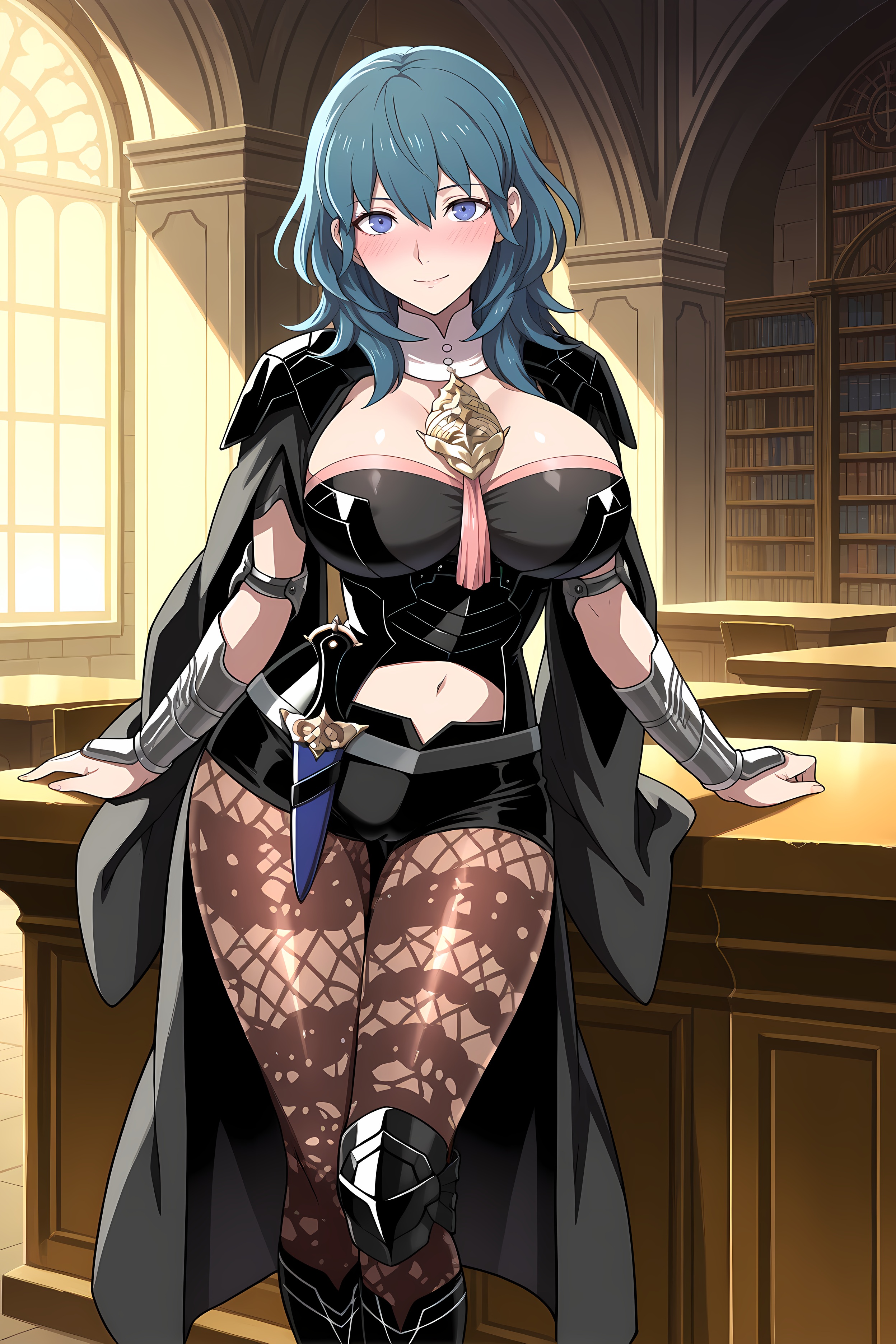 1girls, ai generated, androidparanoid, big breasts, blue eyes, breasts, byleth (fire emblem), byleth (fire emblem) (female), cape, cleavage, female, fire emblem, fire emblem heroes, fire emblem: three houses, intelligent systems, leggings, midriff, nintendo, teal hair