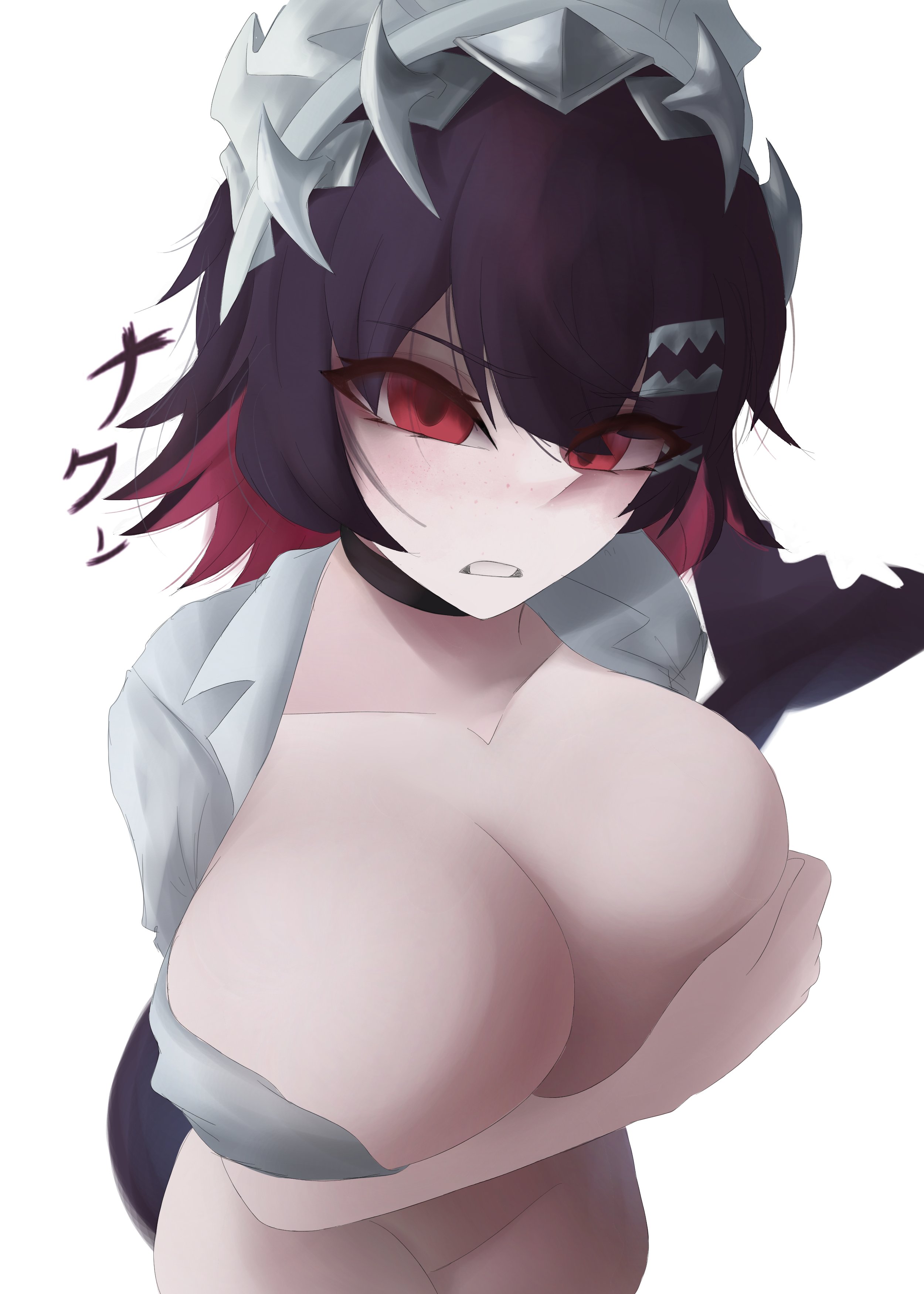 1girls, 2020s, 2024, 2d, 2d (artwork), black hair, blush, bottomless, bottomless female, breasts, cleavage, cleavage overflow, clothed, clothing, color, colored inner hair, covering, covering breasts, digital media (artwork), ellen joe, fanart, female, freckles, freckles on face, highres, hoyoverse, huge breasts, large breasts, looking at viewer, looking forward, maid, maid headdress, mihoyo, naxless, no bra, open clothes, open shirt, plain background, red eyes, red highlights, shark, shark girl, shark tail, short hair, simple background, solo, solo female, solo focus, standing, standing female, tail, translation request, voluptuous, voluptuous female, white background, zenless zone zero