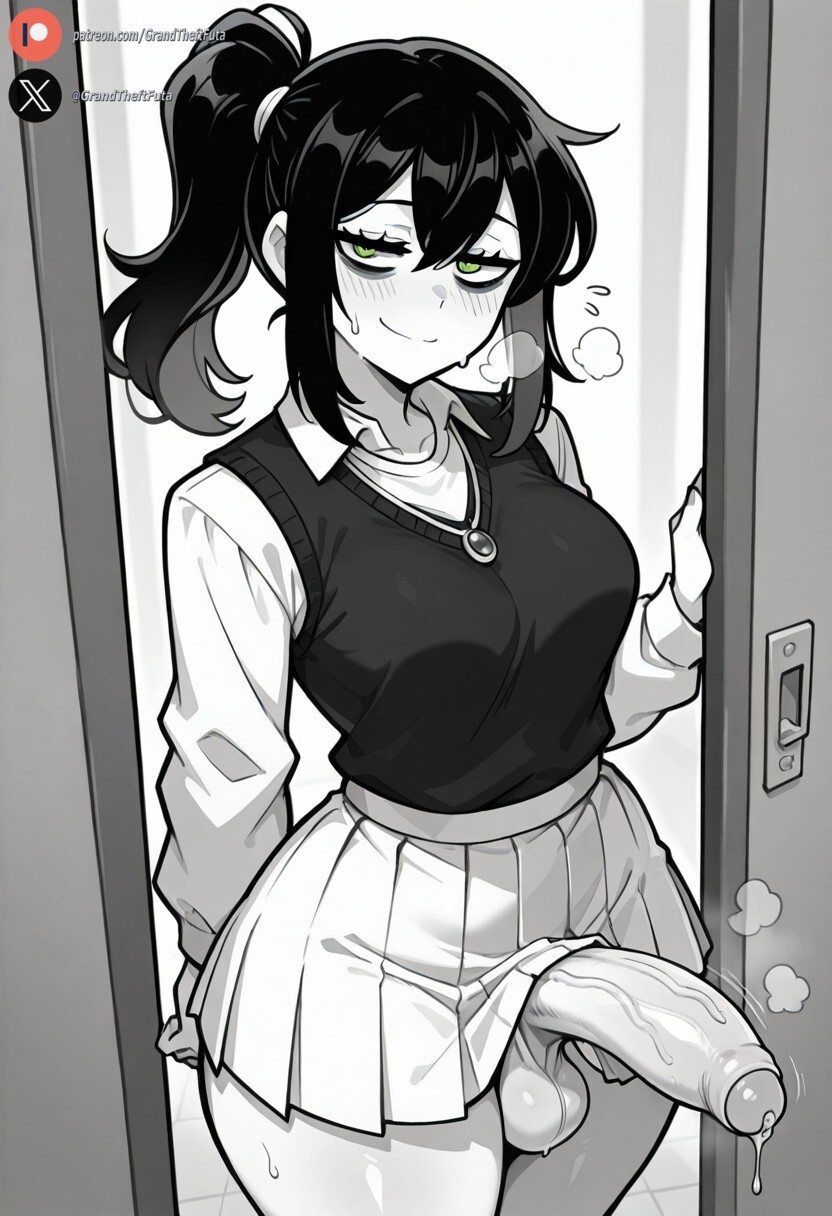 1futa ai_generated balls big_penis black_hair blush clothing cock dickgirl futa_only futanari green_eyes huge_cock indoors intersex light-skinned_futanari light_skin looking_at_viewer medium_breasts monochrome mother_(the_coffin_of_andy_and_leyley) penis ponytail precum renee_graves roxygtf short_hair smug solo standing sweat sweating sweaty_body the_coffin_of_andy_and_leyley