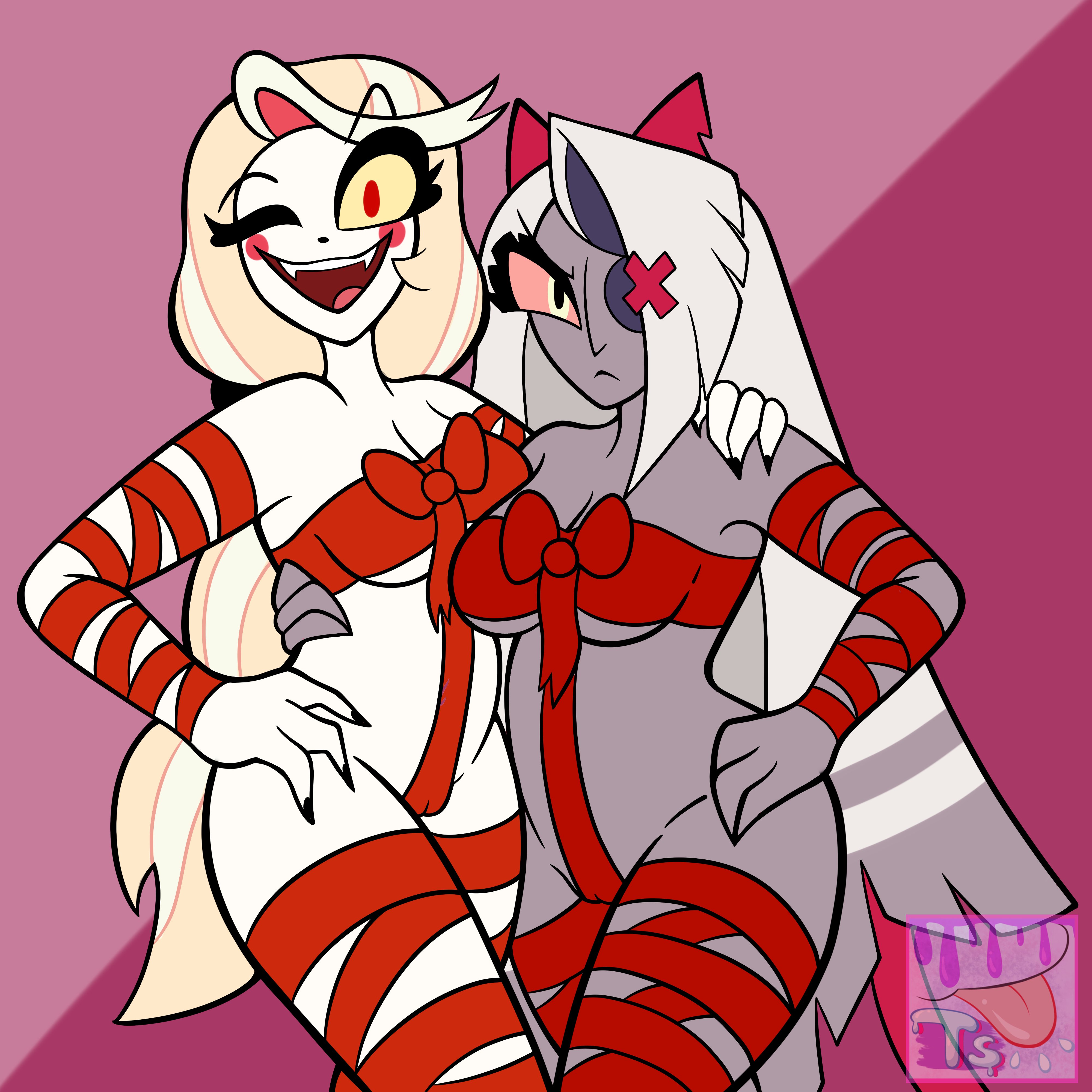 2girls, angry, annoyed, artist logo, charlie morningstar (hazbin hotel), colored, female, hazbin hotel, partially clothed, ribbon, ribbons, thirstspace, vaggie (hazbin hotel), vivienne medrano, vivziepop, wrapped up, wrappings